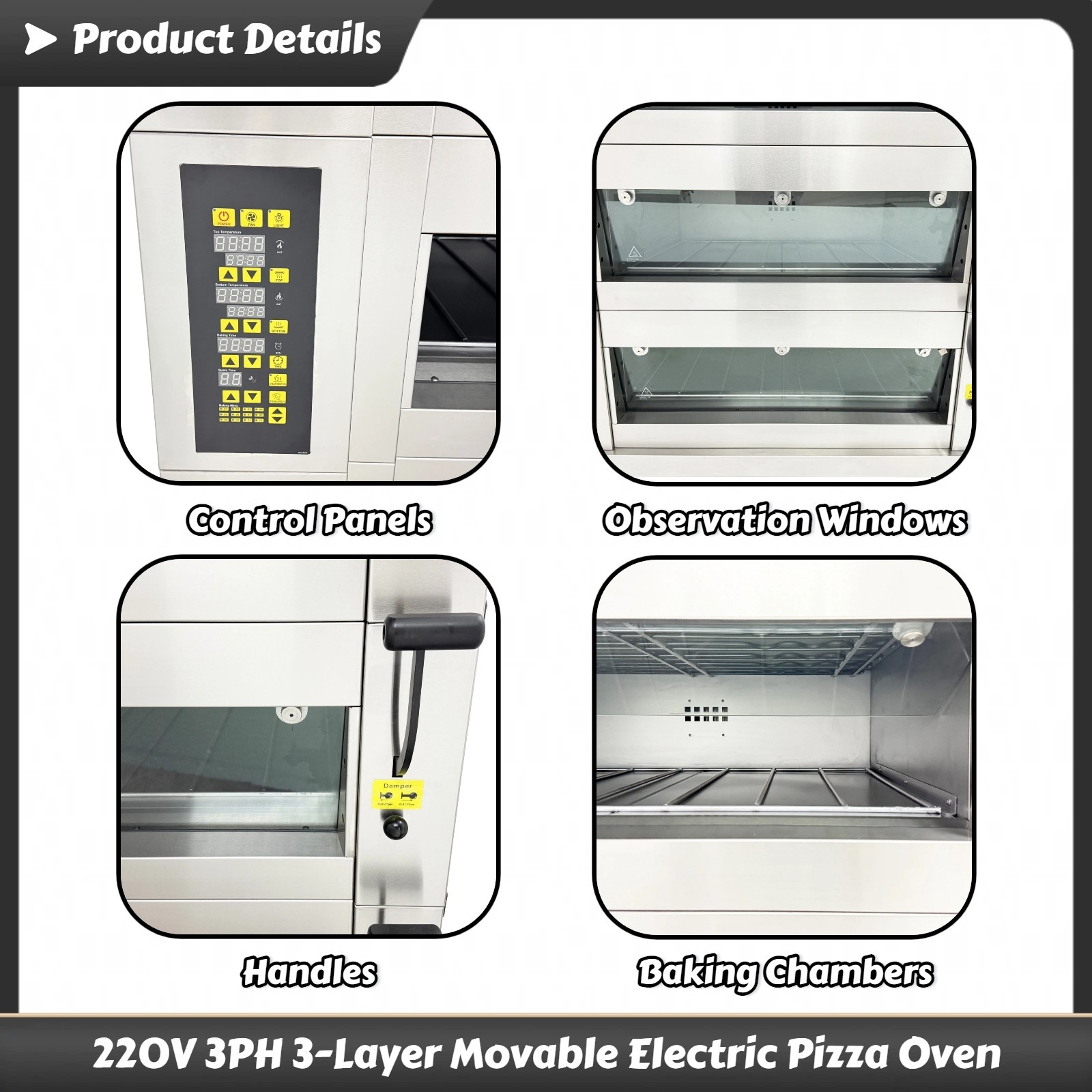 220V 3PH Commercial Movable Electric Pizza Oven 3-Layer Baking Oven 0-300˚C