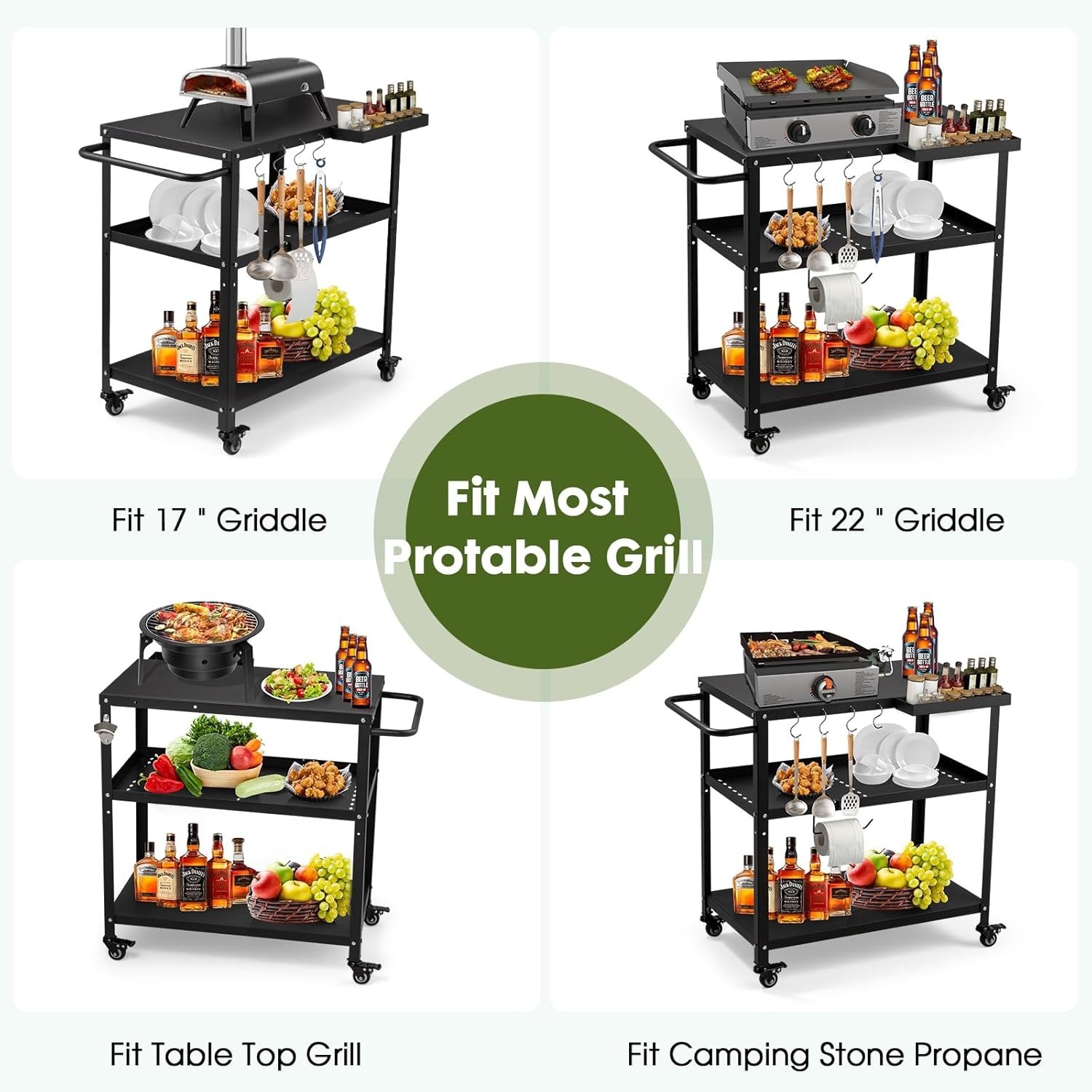 Black Iron Outdoor & Indoor Grill Cart with Lockable Casters & Hooks