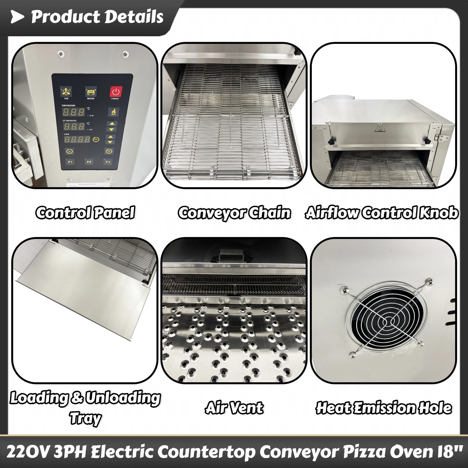 Commercial 220V 3PH Electric Baking Oven Countertop Conveyor Pizza Oven 18″ 9KW