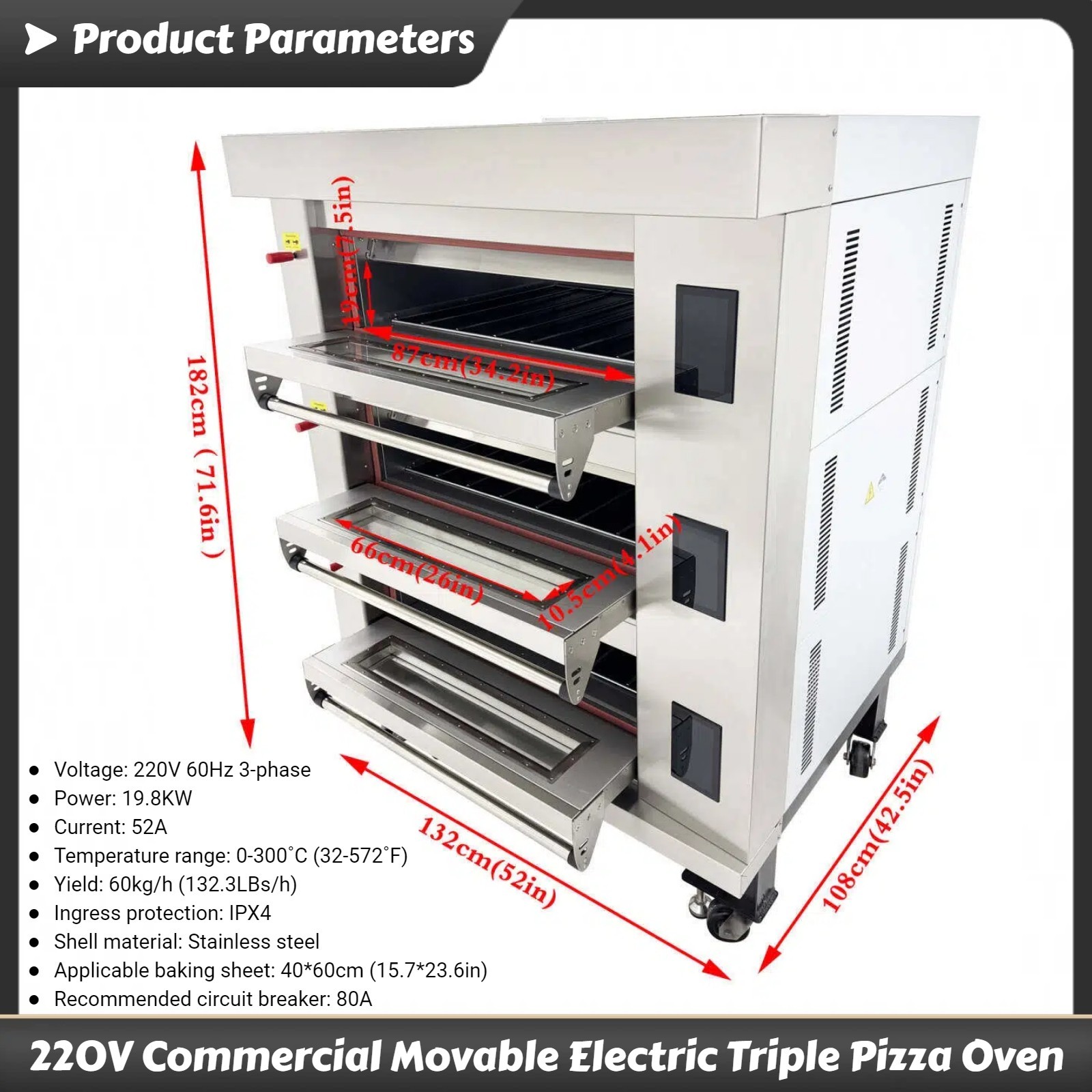 Commercial 220V 3PH 19.8KW 3-Layer Electric Pizza Oven with LCD Touch Screen