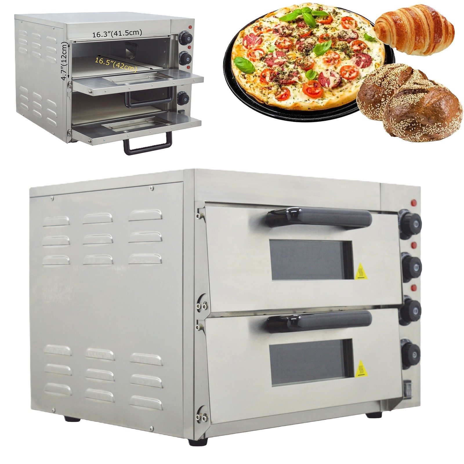220V 3KW Double-Layer 16″ Pizza Electric Heating Oven 50℃-350℃ Bread Oven