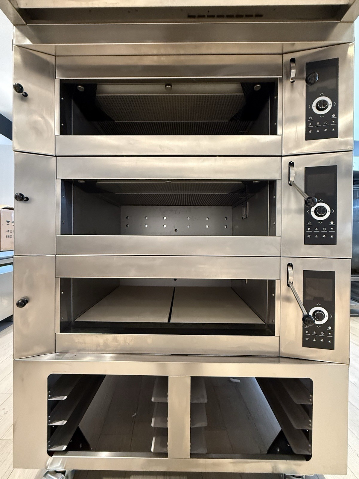 European 3-Deck Commercial Bakery Stone Oven, Single Phase, + Cart & Exhaust