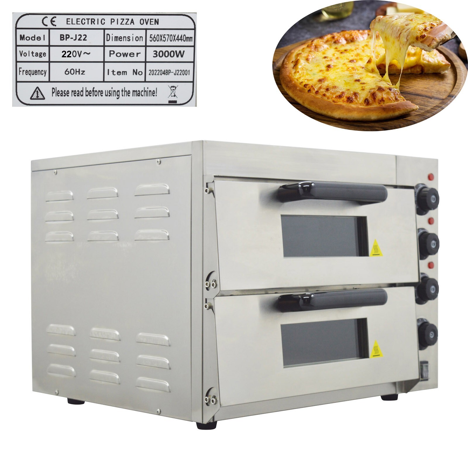 220V Commercial Stainless Steel Double-Decker 16″ Pizza Electric Oven 3KW