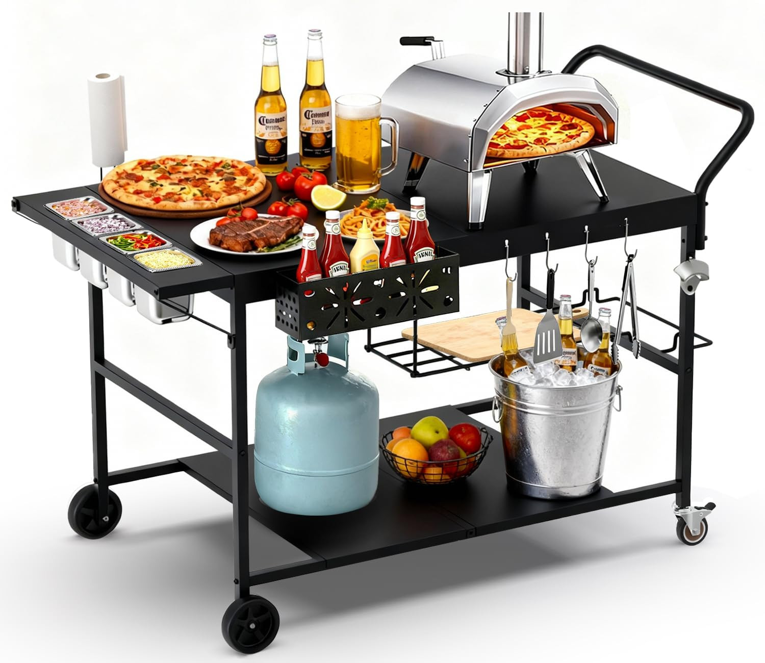 Pizza Oven Table with Topping Station, Outdoor Pizza Oven Cart, Grill Cart Table