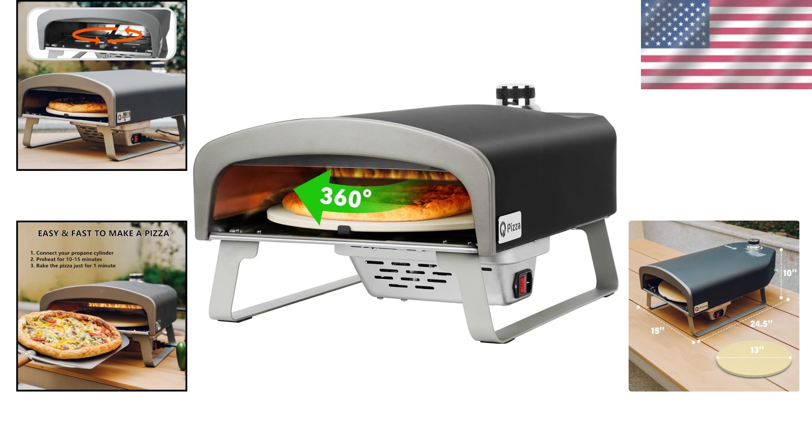 Portable Gas Pizza Oven with Automatic Rotating Stone//