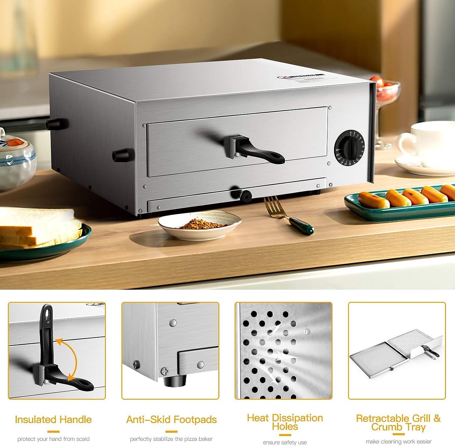 1450W Electric Pizza Oven 12 Inch Stainless Steel Pizza Oven Countertop with