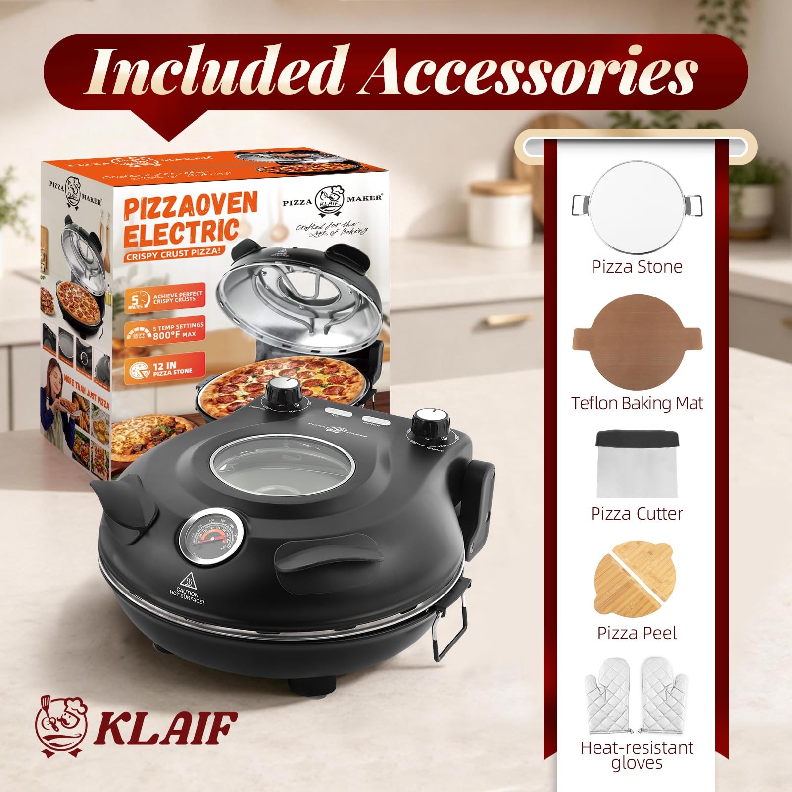 Klaif 12 Electric Countertop Pizza Oven Indoor Ceramic Stone Dual Adjustable