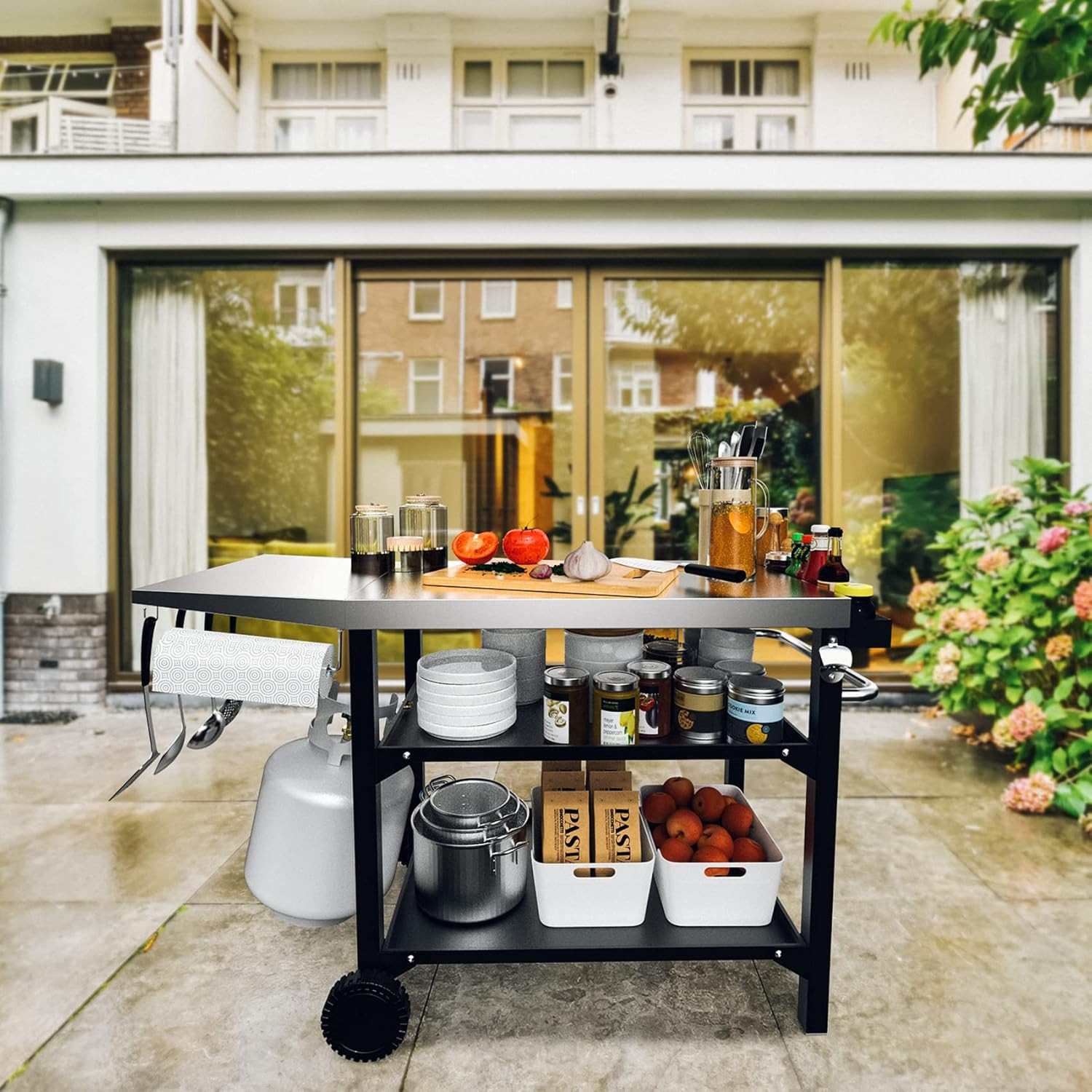 Heavy Duty Pizza Oven Table & BBQ Prep Cart, Stainless Steel Rolling Grill Cart