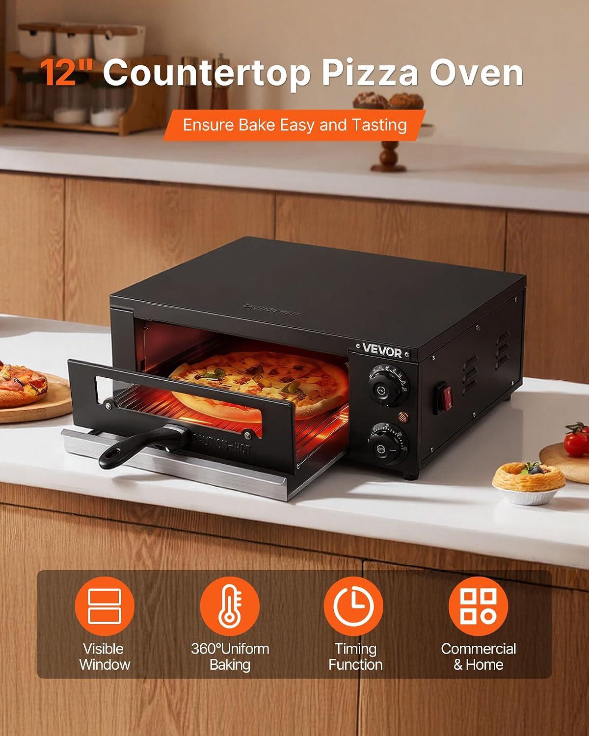 Electric Pizza Oven, 12 in Countertop Pizza Oven, 77 to 572°F Temp Range, 1450W