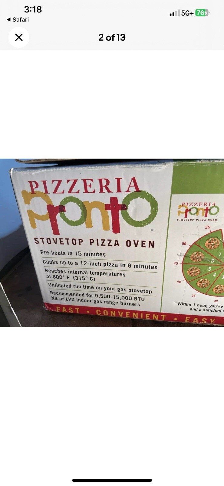 Pizzeria Pronto Stovetop Pizza OvenIndoors Gas Stove Only Pizza Stone NOT In Box