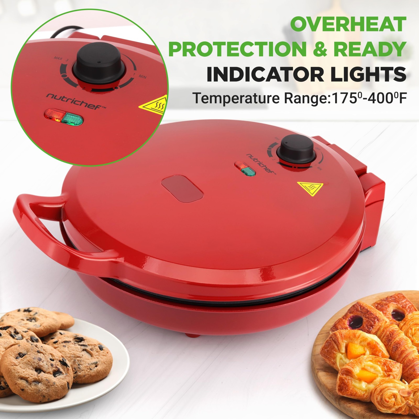 Nutrichef Countertop Pizza Maker 1500W Non-Stick Electric Pizza Cooker Make 12