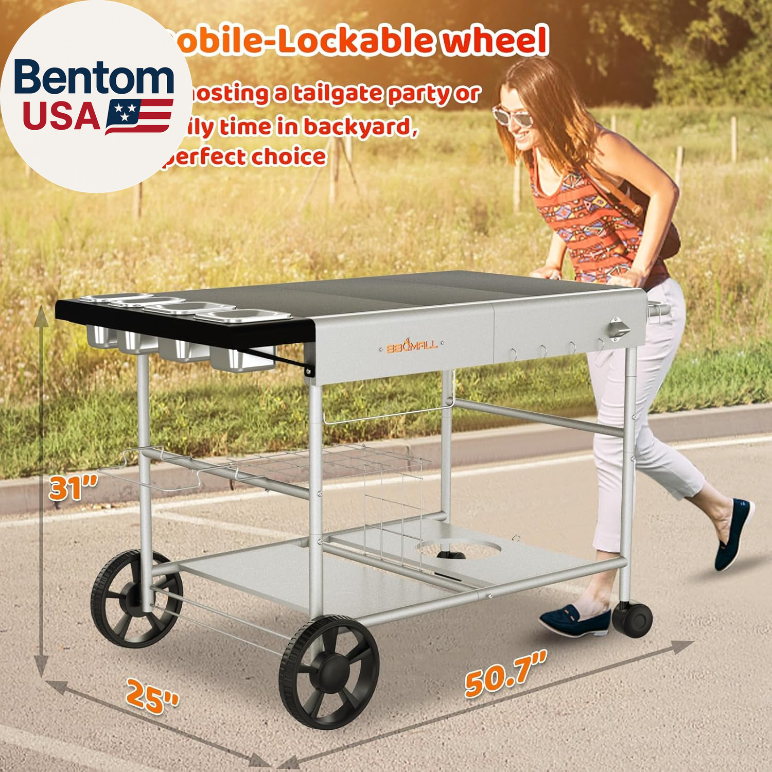 Pizza Oven Table Grill Cart with Pizza Topping Station Movable Food and Prep Wor