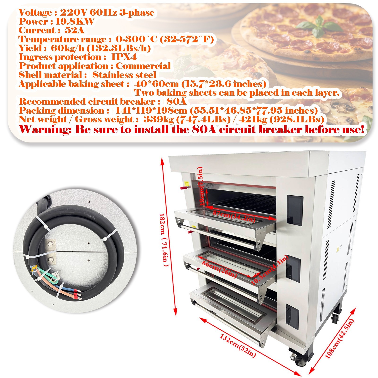 220V 19.8KW 3PH Movable Electric Pizza Oven LCD Touch Screen 3-Layer Pizza Oven