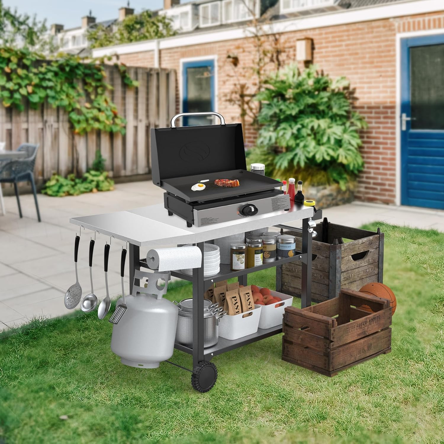 Heavy Duty Pizza Oven Table & BBQ Prep Cart, Stainless Steel Rolling Grill Cart