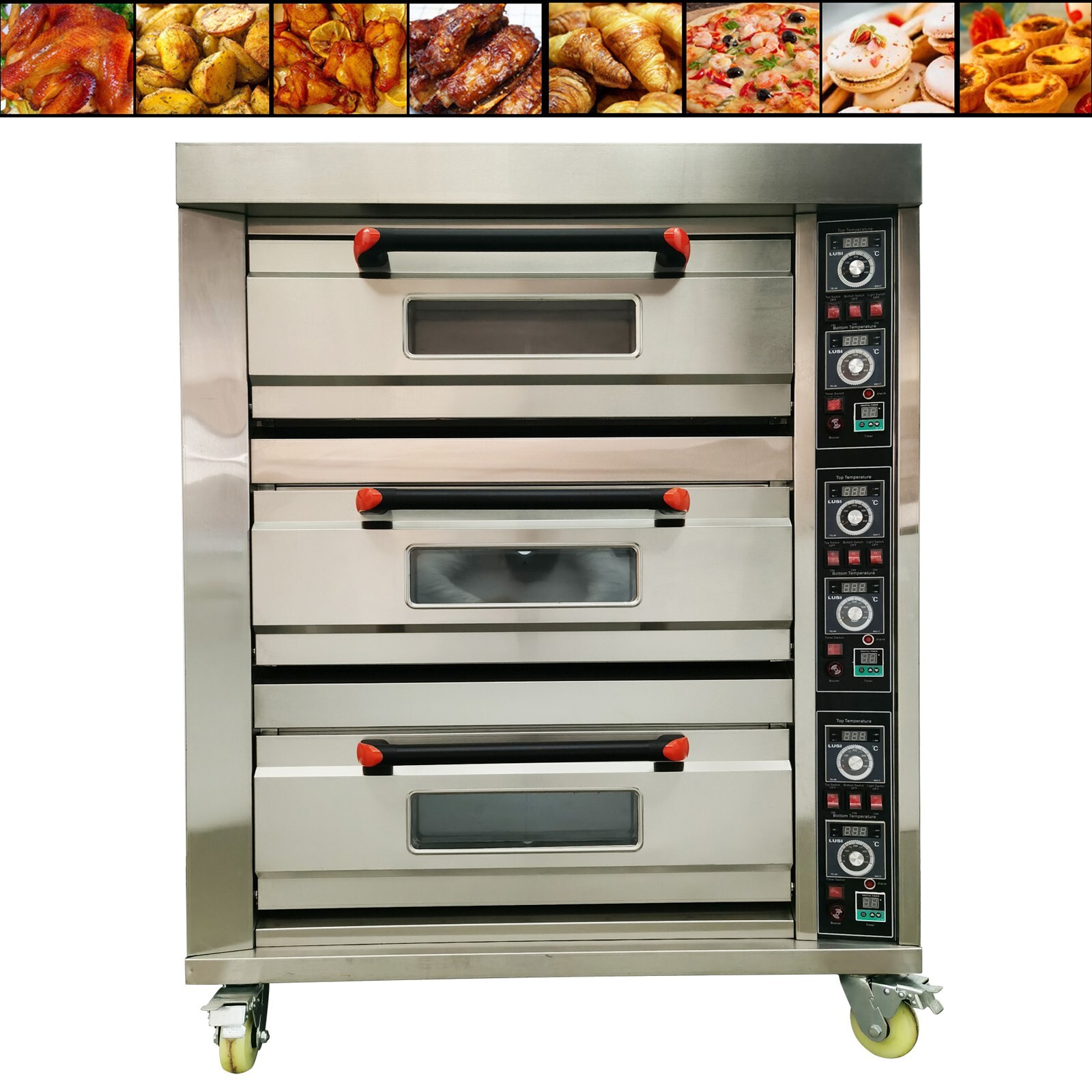 Commercial Large 220V 3PH 19.8KW Electric Triple Pizza Oven with Swivel Caster