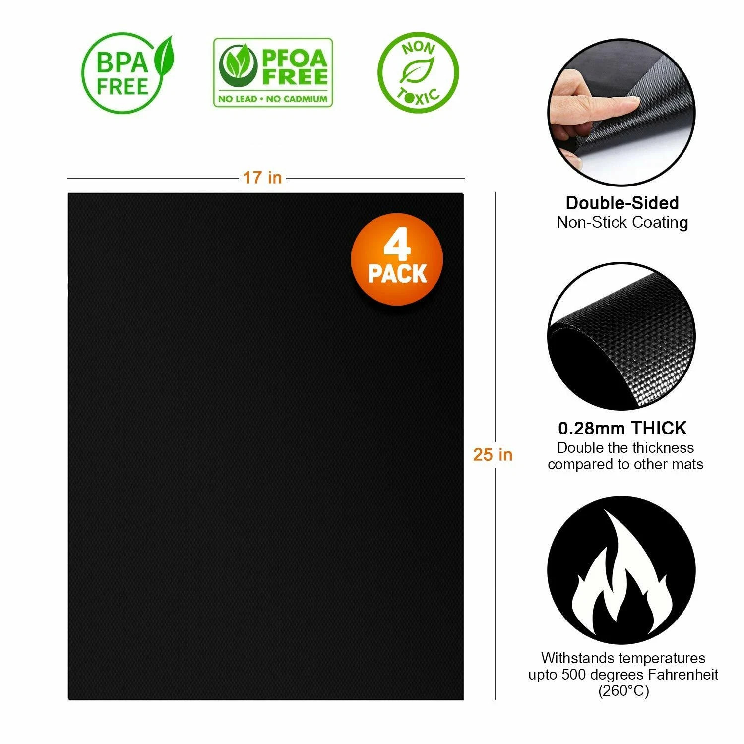 Pack of 4 Large Thick Non Stick Oven Liners Mat Heavy Duty – Teflon,17″x 25″