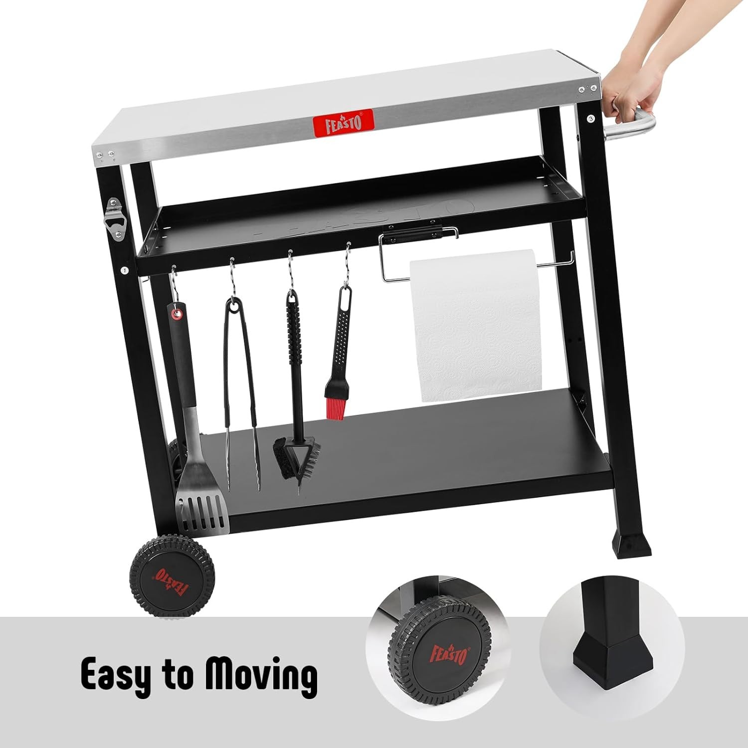 Versatile 3-Shelf BBQ Prep Station with 33.5” Stainless Steel Surface