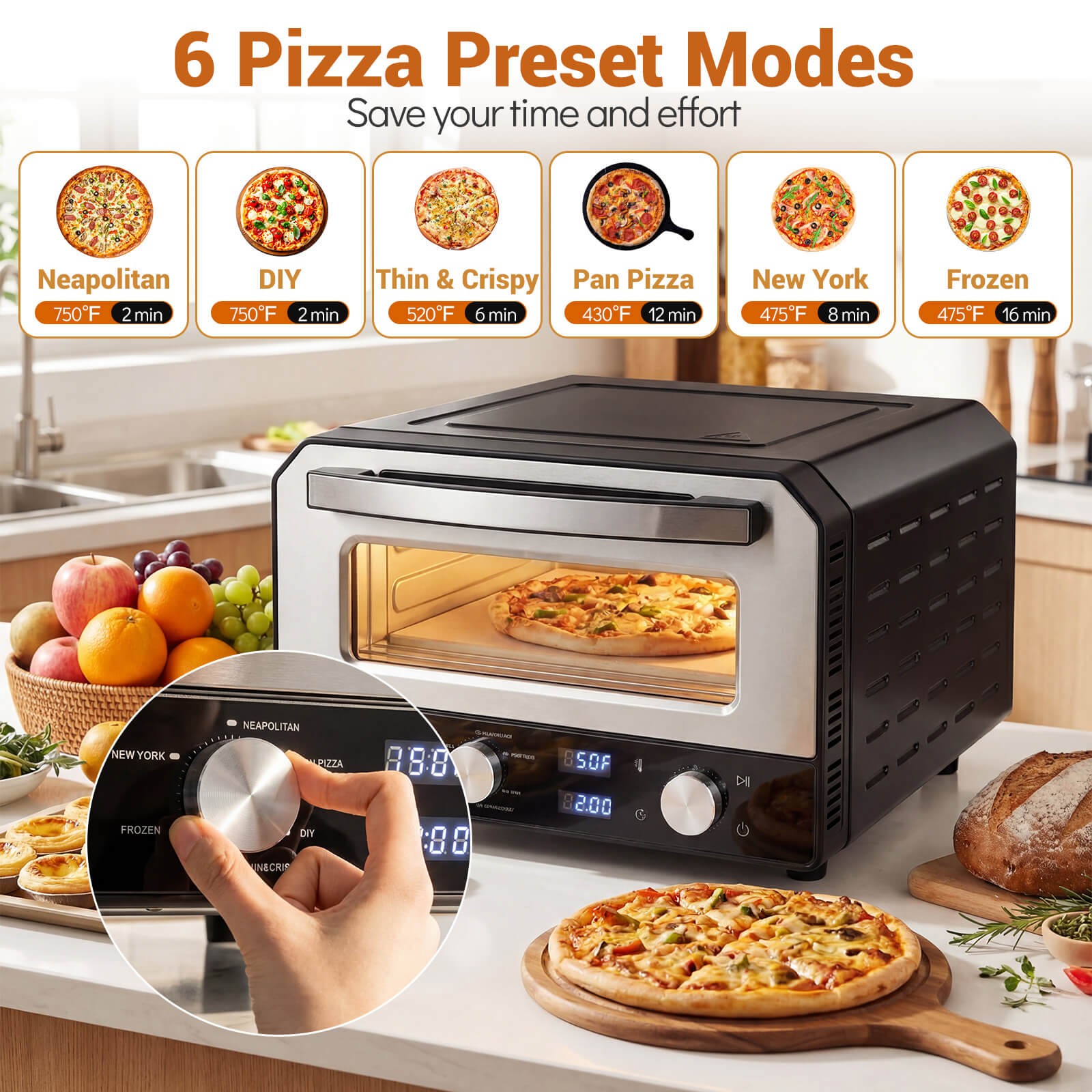 Pizza Oven for 12″ Pizzas w/6 Presets & 2-Min Rapid Baking Heats up to 750℉