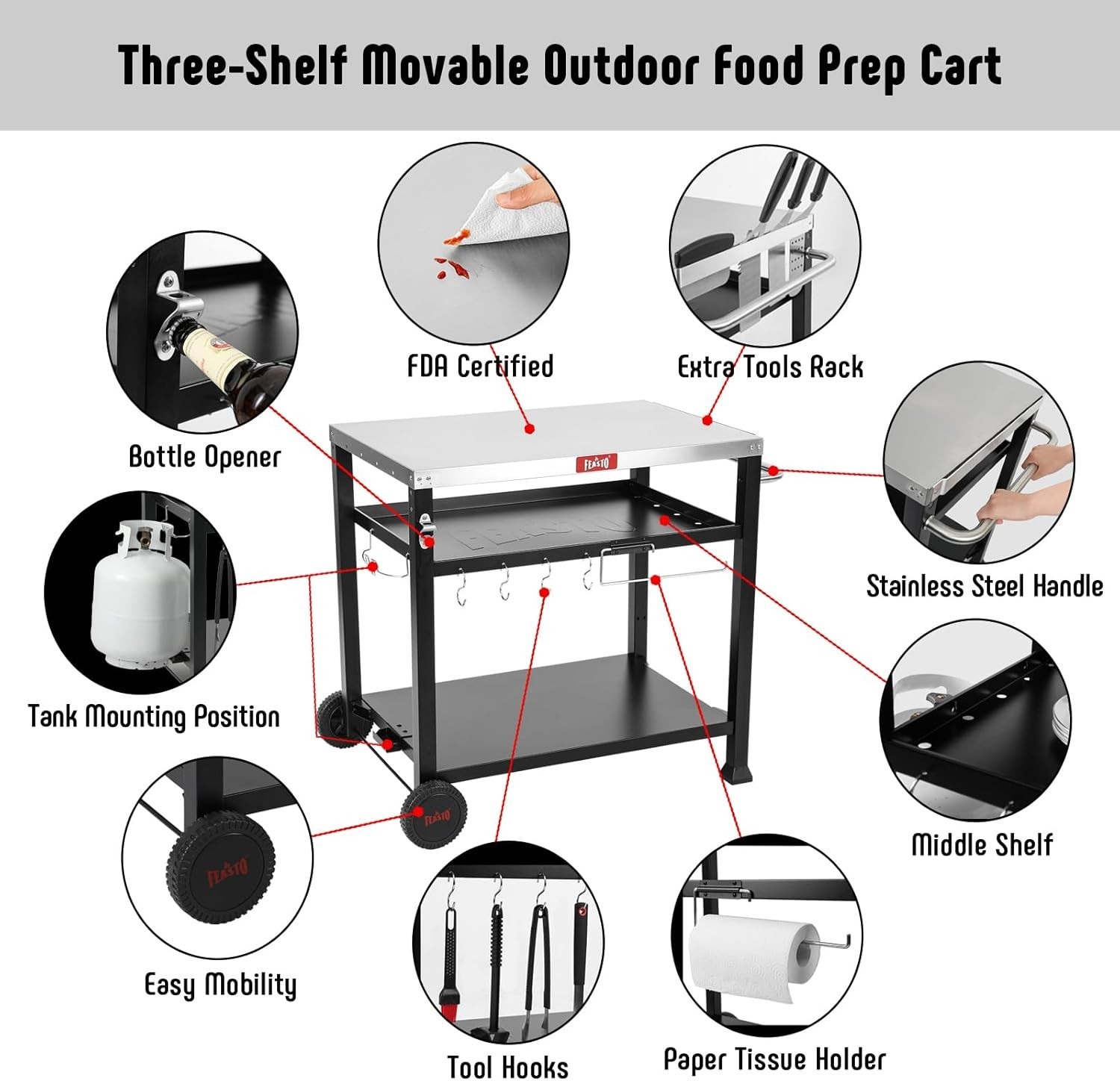 Versatile 3-Shelf BBQ Prep Station with 33.5” Stainless Steel Surface