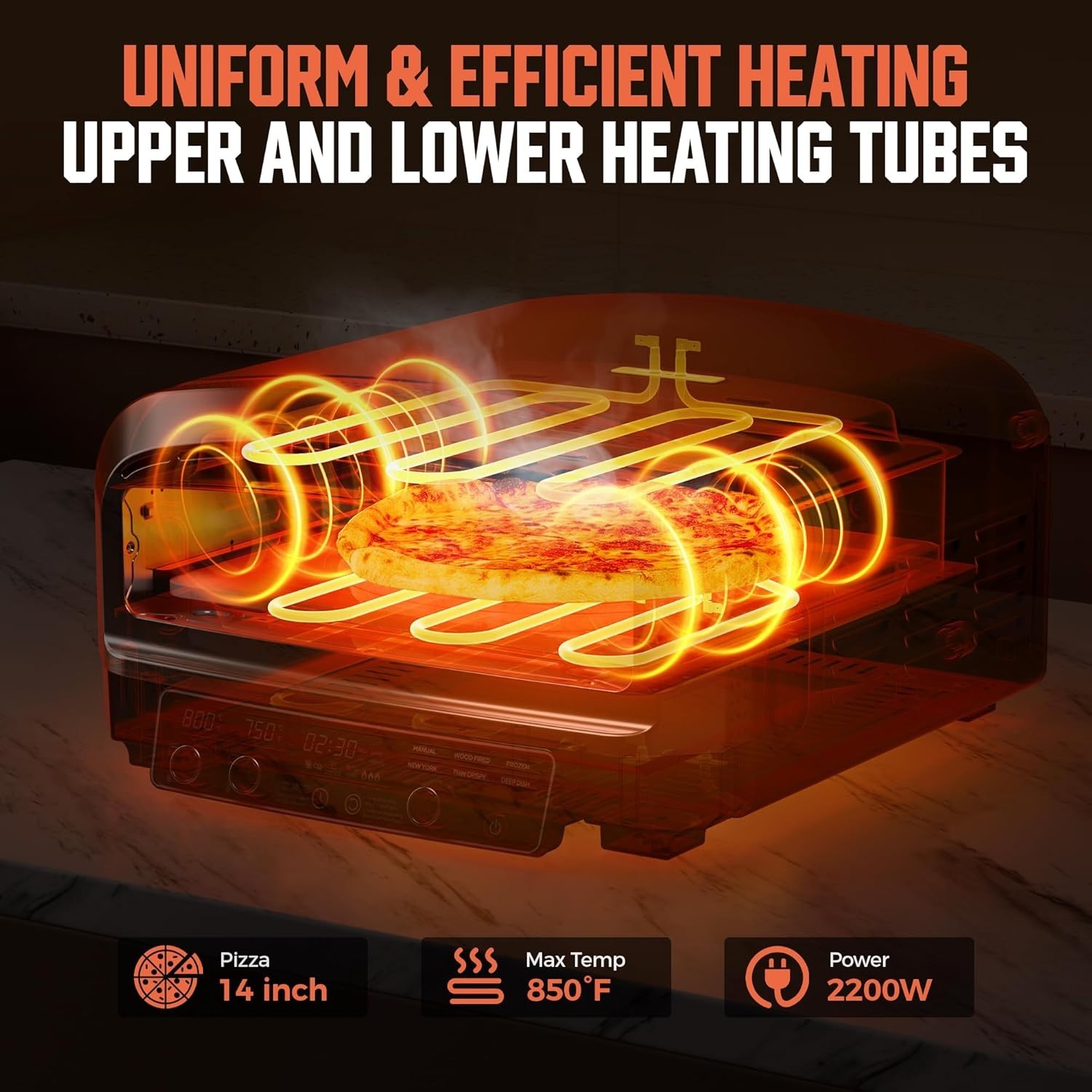 Space-Saving 14-Inch Countertop Pizza Oven with LED Display & Easy Clean Design