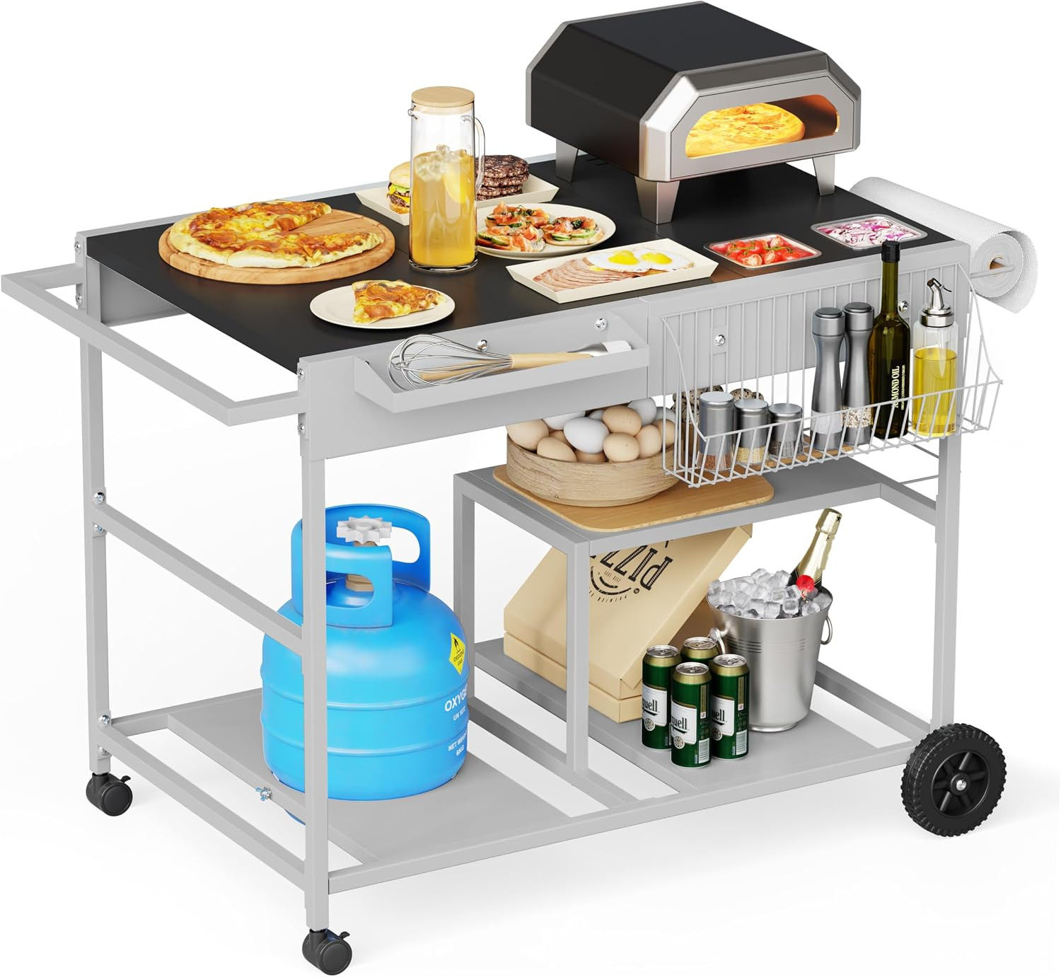 Vongrasig Pizza Oven Table with Topping Station, Patio Kitchen Island Outdoor Ba