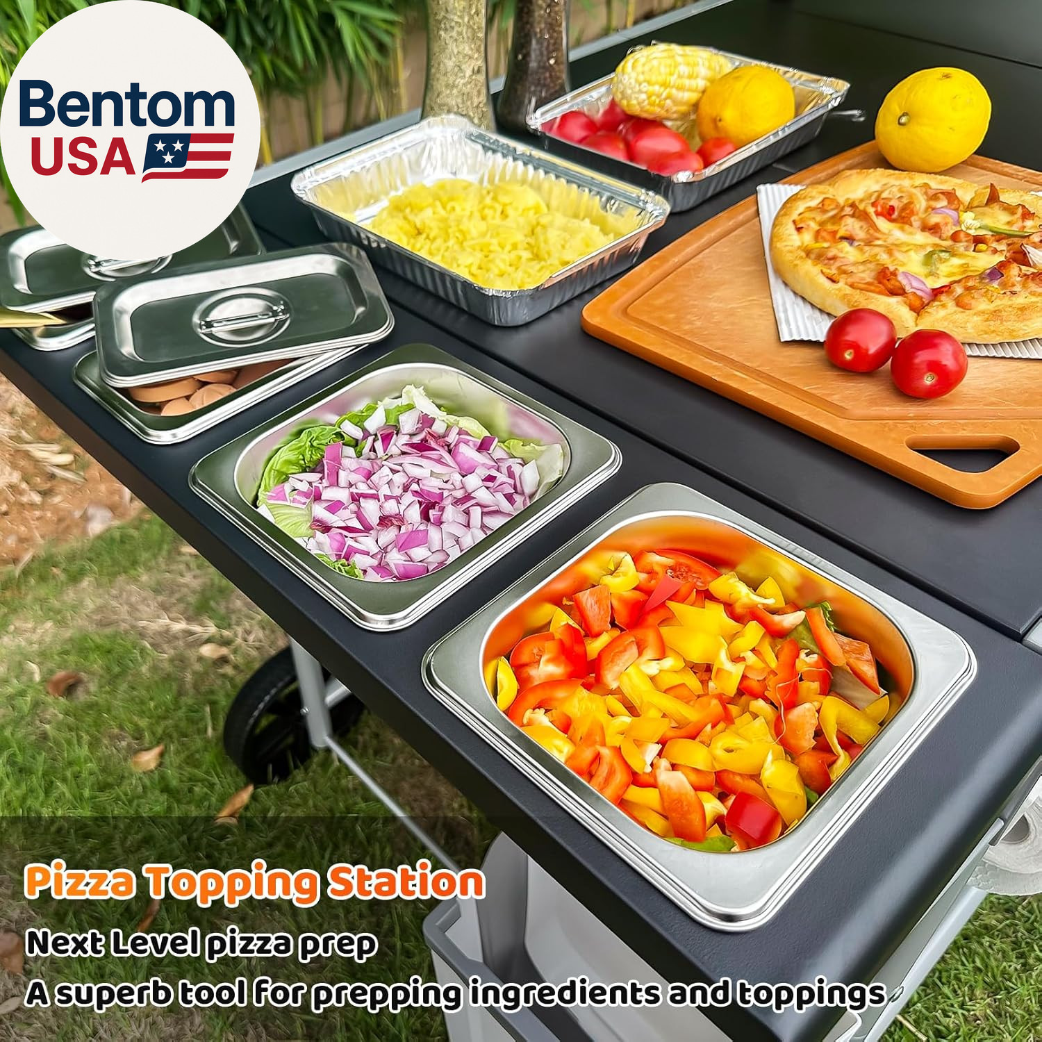 Pizza Oven Table Grill Cart with Pizza Topping Station Movable Food and Prep Wor