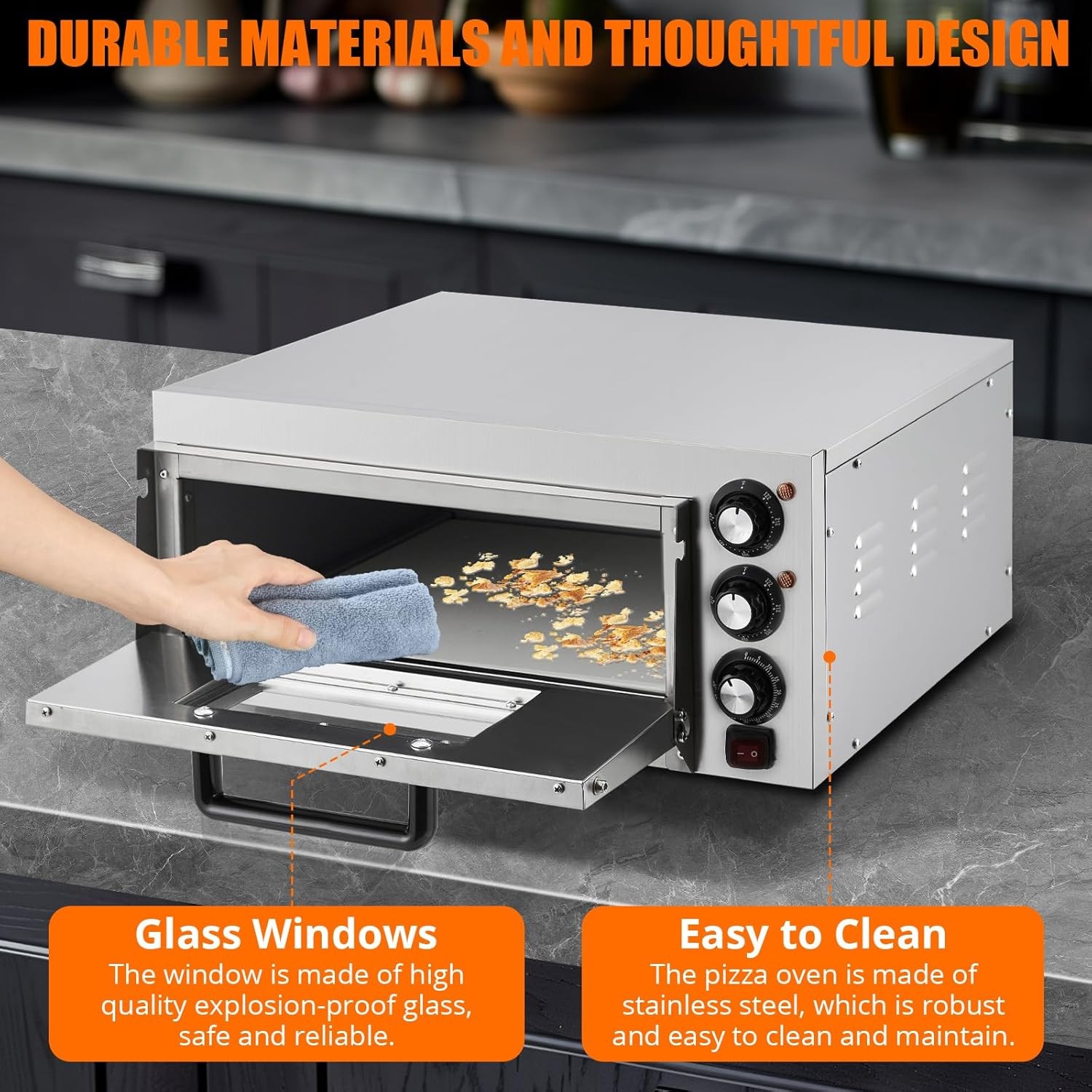 110V Electric Pizza Oven 1100W Dual Heating Timer Stainless Steel Removable Tray