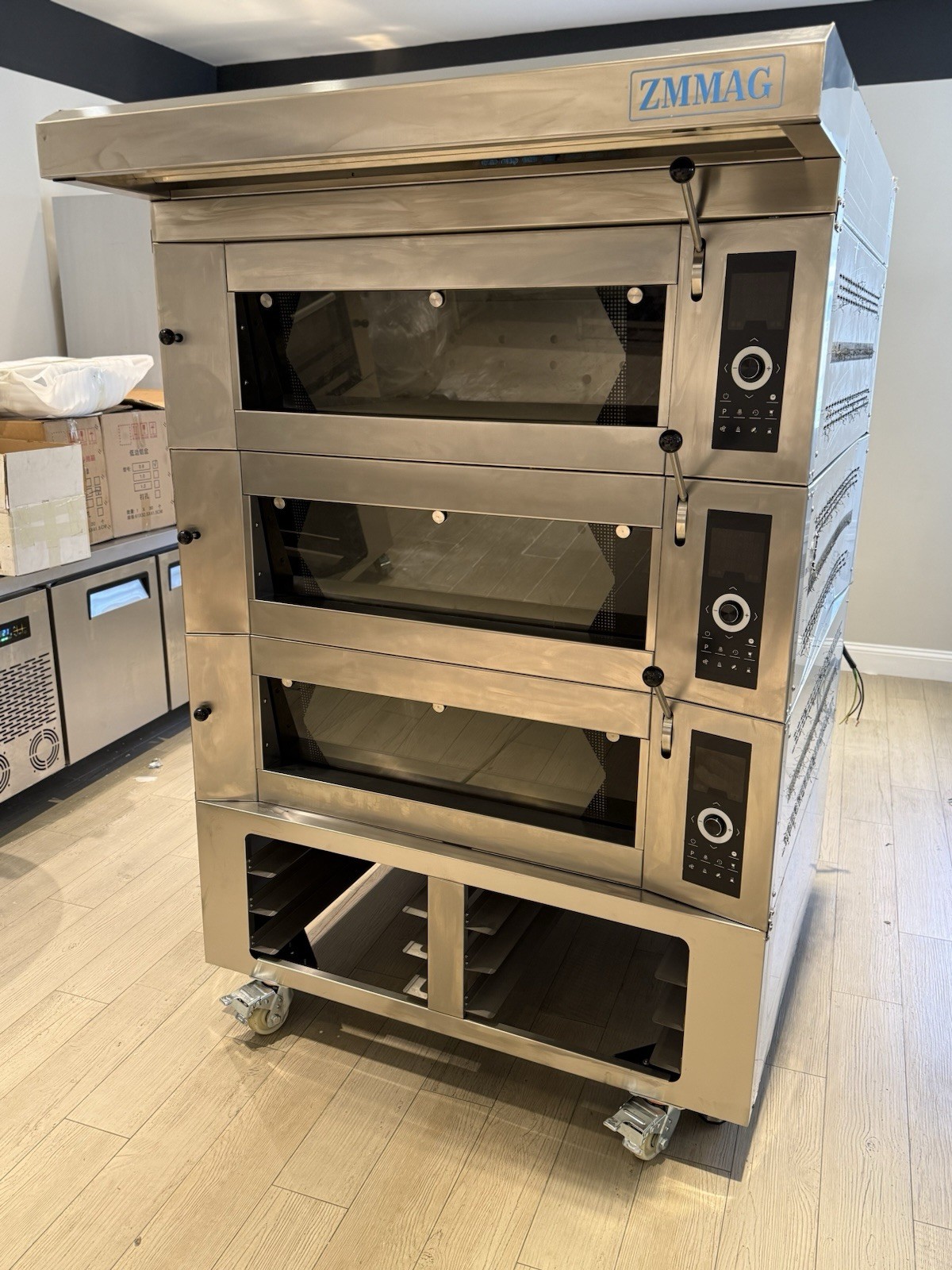 European 3-Deck Commercial Bakery Stone Oven, Single Phase, + Cart & Exhaust