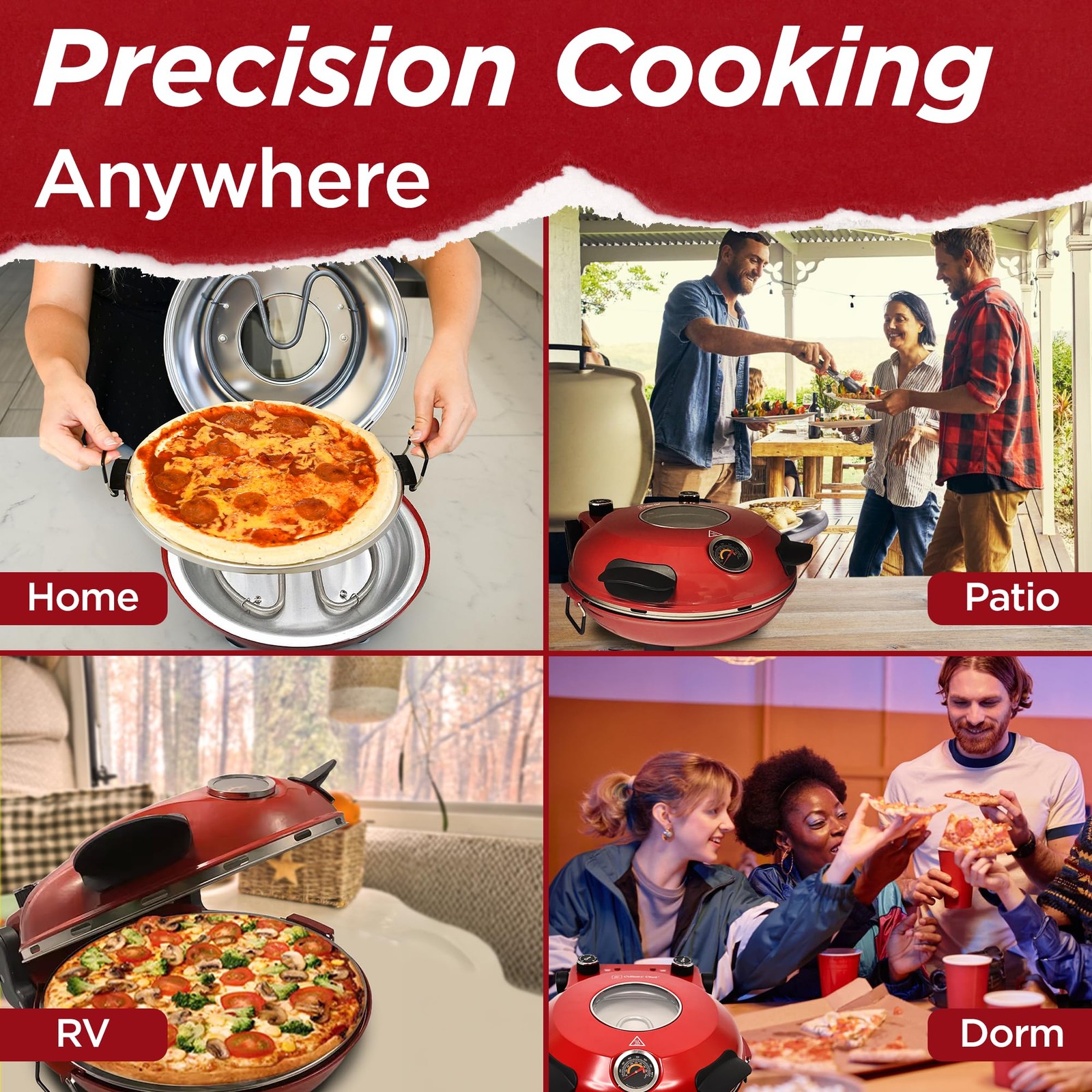 CULINARY CHEF Electric Pizza Oven with Ceramic Stone, Viewing Compact, Red