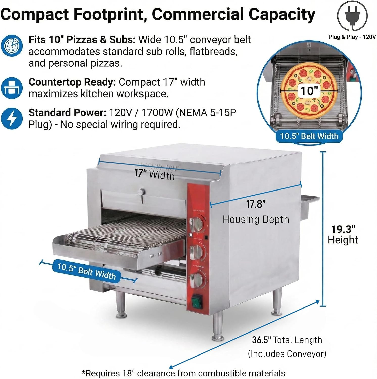 10.5″ Commercial Conveyor Pizza Oven, 1700W 120V Countertop Electric Oven with 1