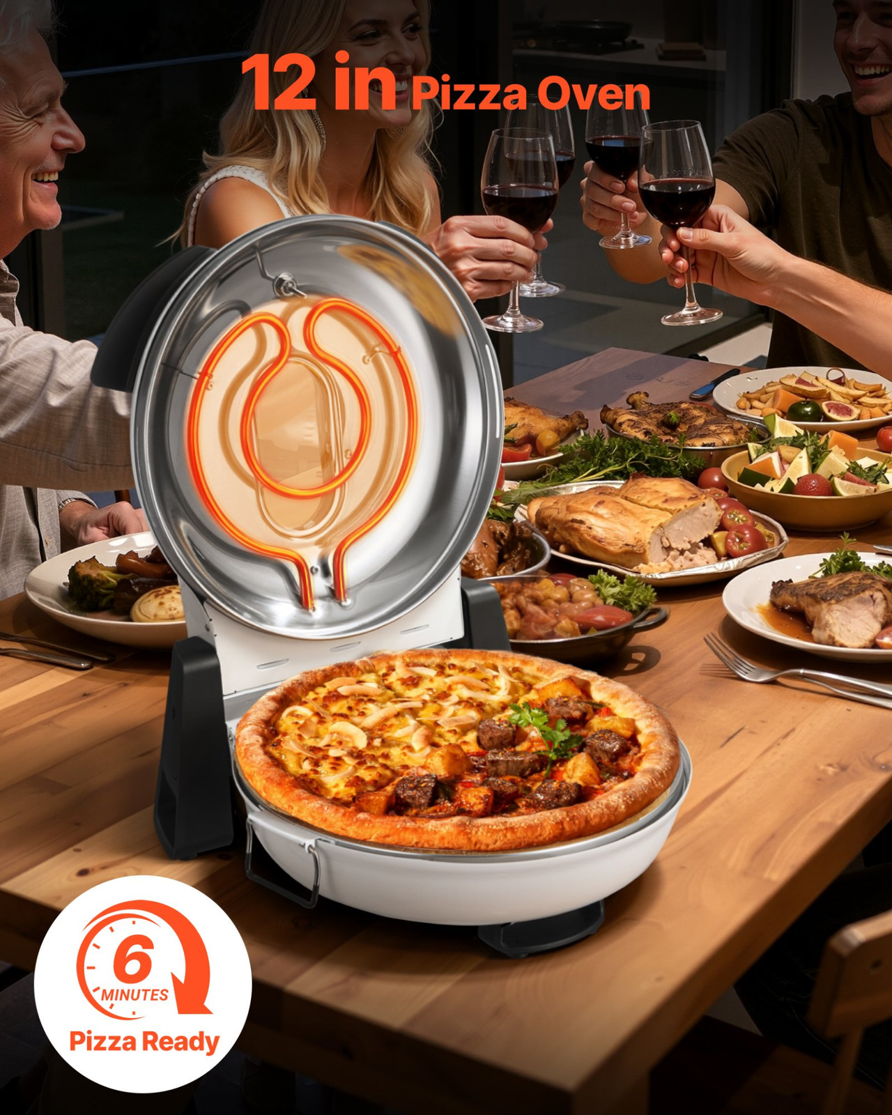 12″ Electric Pizza Oven 1200W Maker w/Stone 5-Mode Temp Control Home White