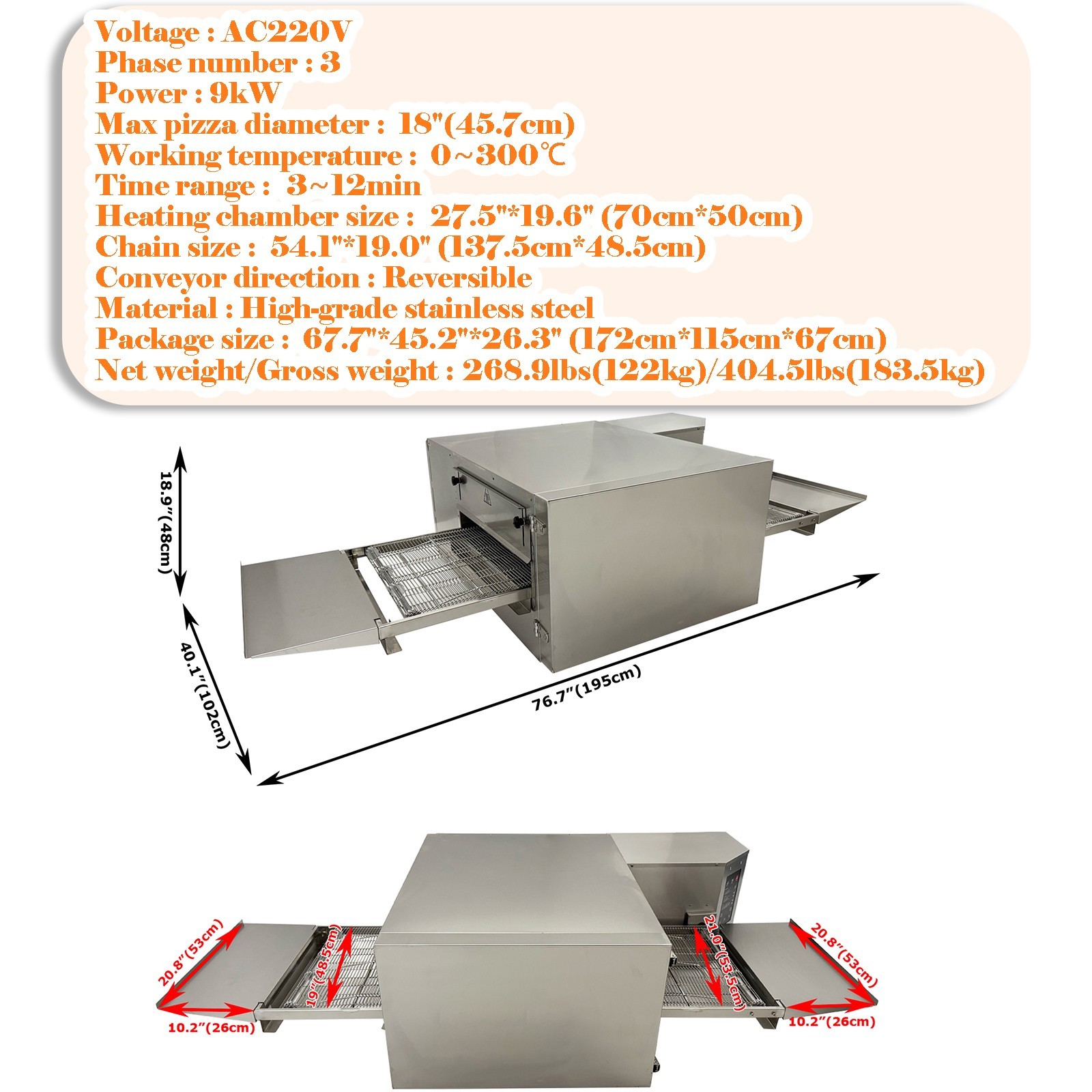 220V 3PH Commercial Conveyor Pizza Oven 9KW 18″ Baking Electric Hot Air Oven