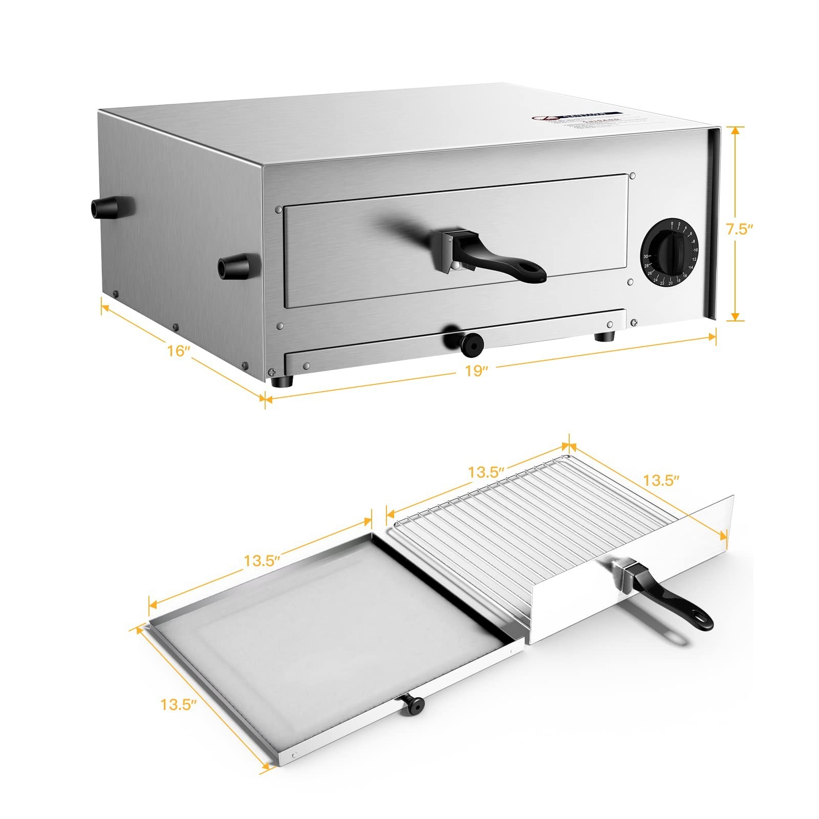 SIMOE Electric Pizza Oven 12″ with Handle Removable Tray 30mins Timer Countertop