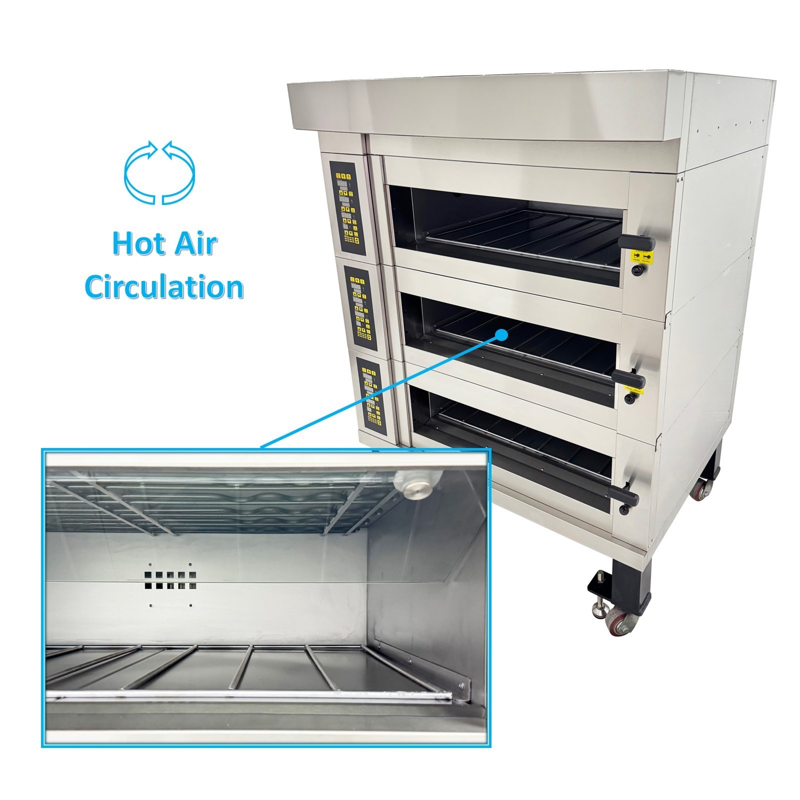 220V 3PH Commercial Movable Electric Pizza Oven 3-Layer Baking Oven 0-300˚C