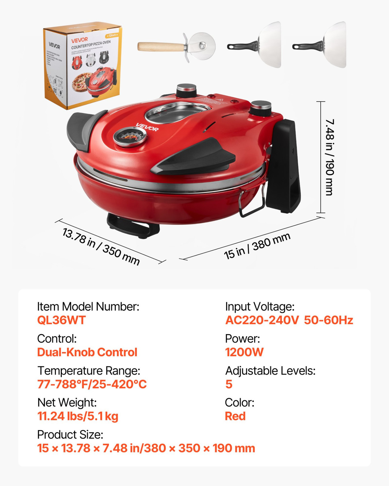 12″ Electric Pizza Oven 1200W Maker w/ Stone 5-Mode Temp Control for Home Red
