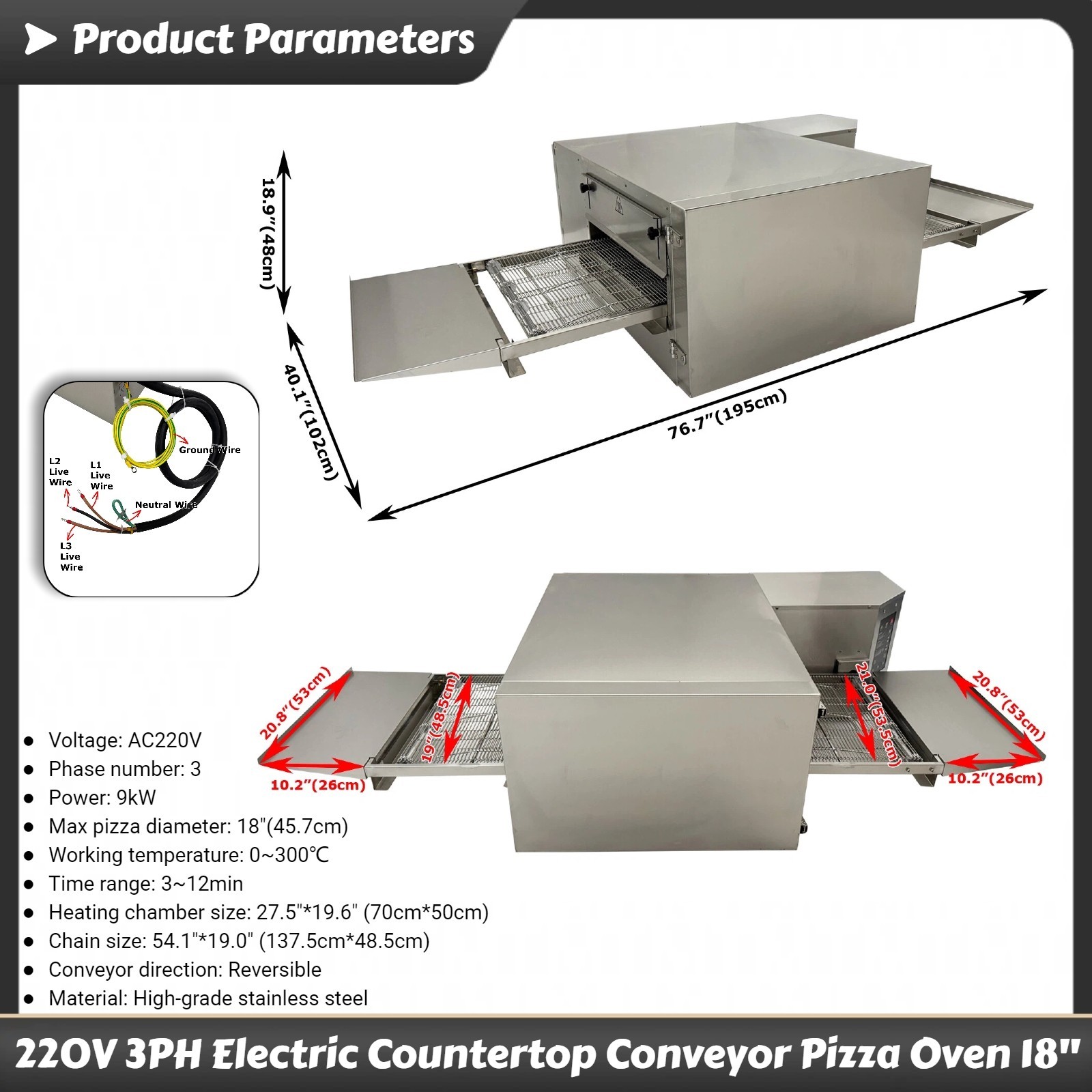 Commercial 220V 3PH Electric Baking Oven Countertop Conveyor Pizza Oven 18″ 9KW