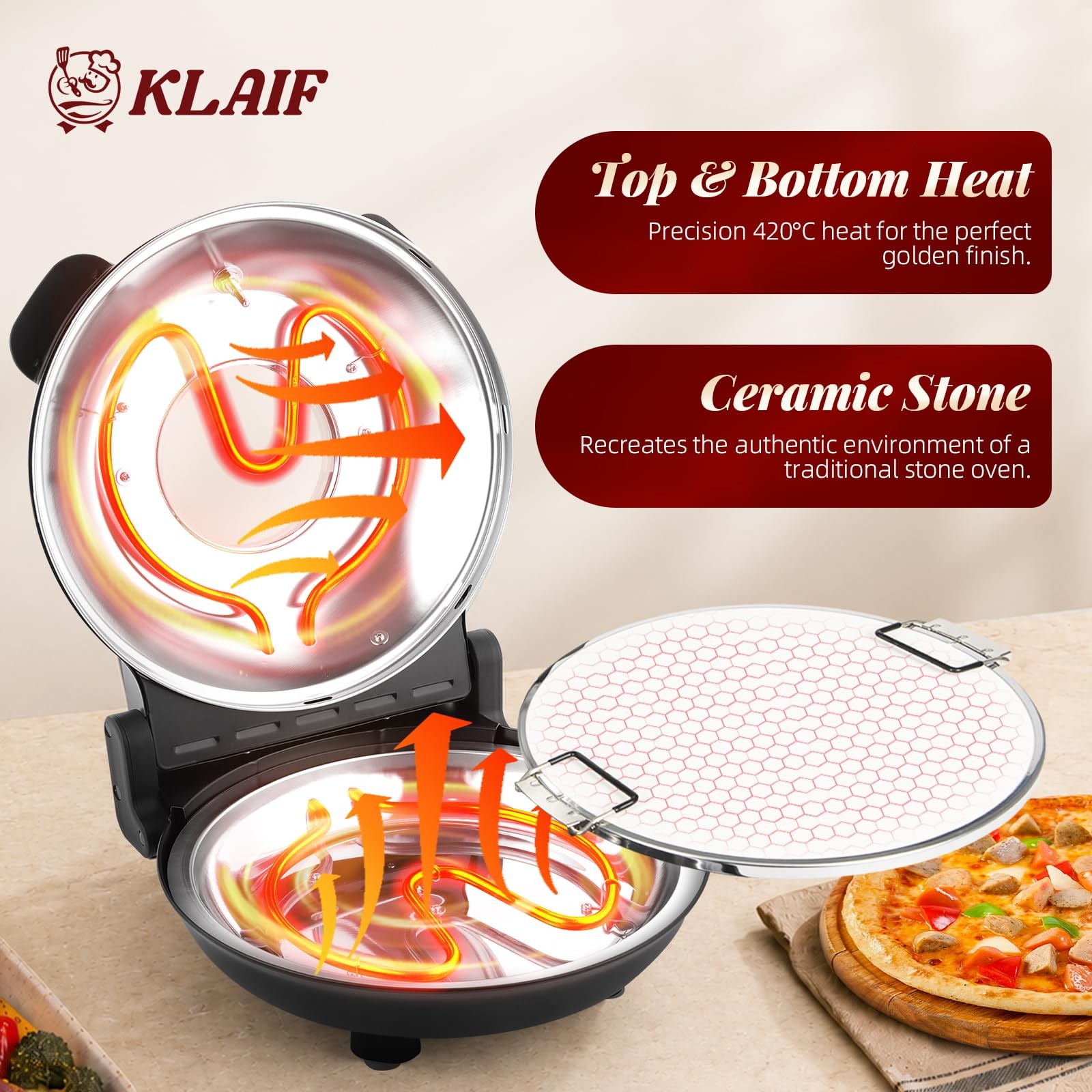 Klaif 12 Electric Countertop Pizza Oven Indoor Ceramic Stone Dual Adjustable