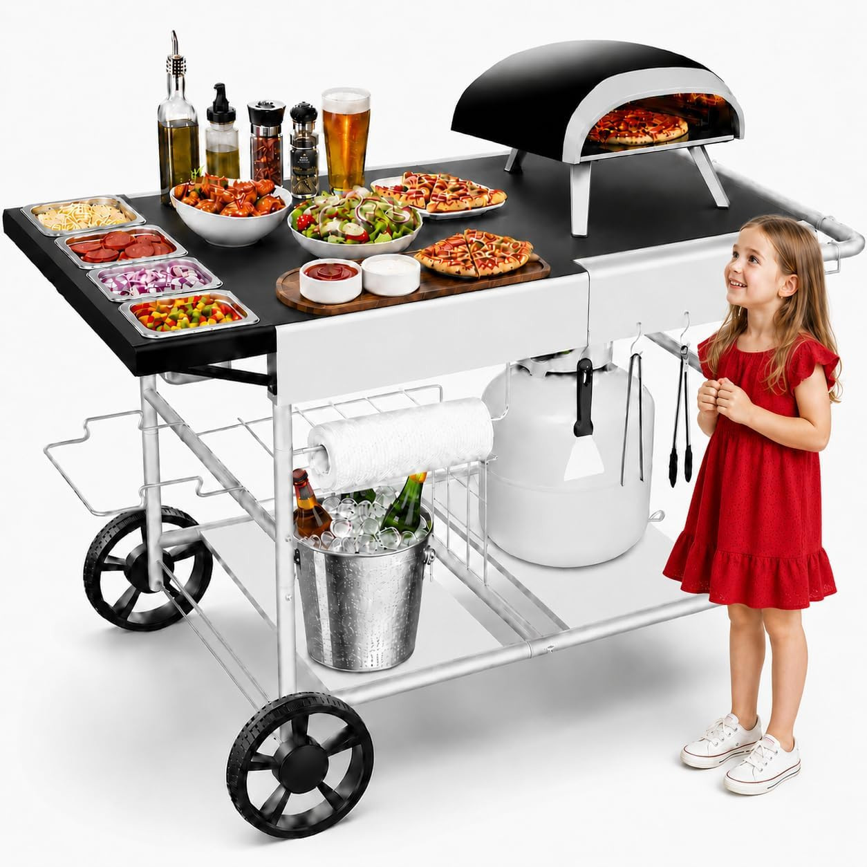 Pizza Oven Table with Topping Station, Outdoor Pizza Oven Cart, Grill Table for