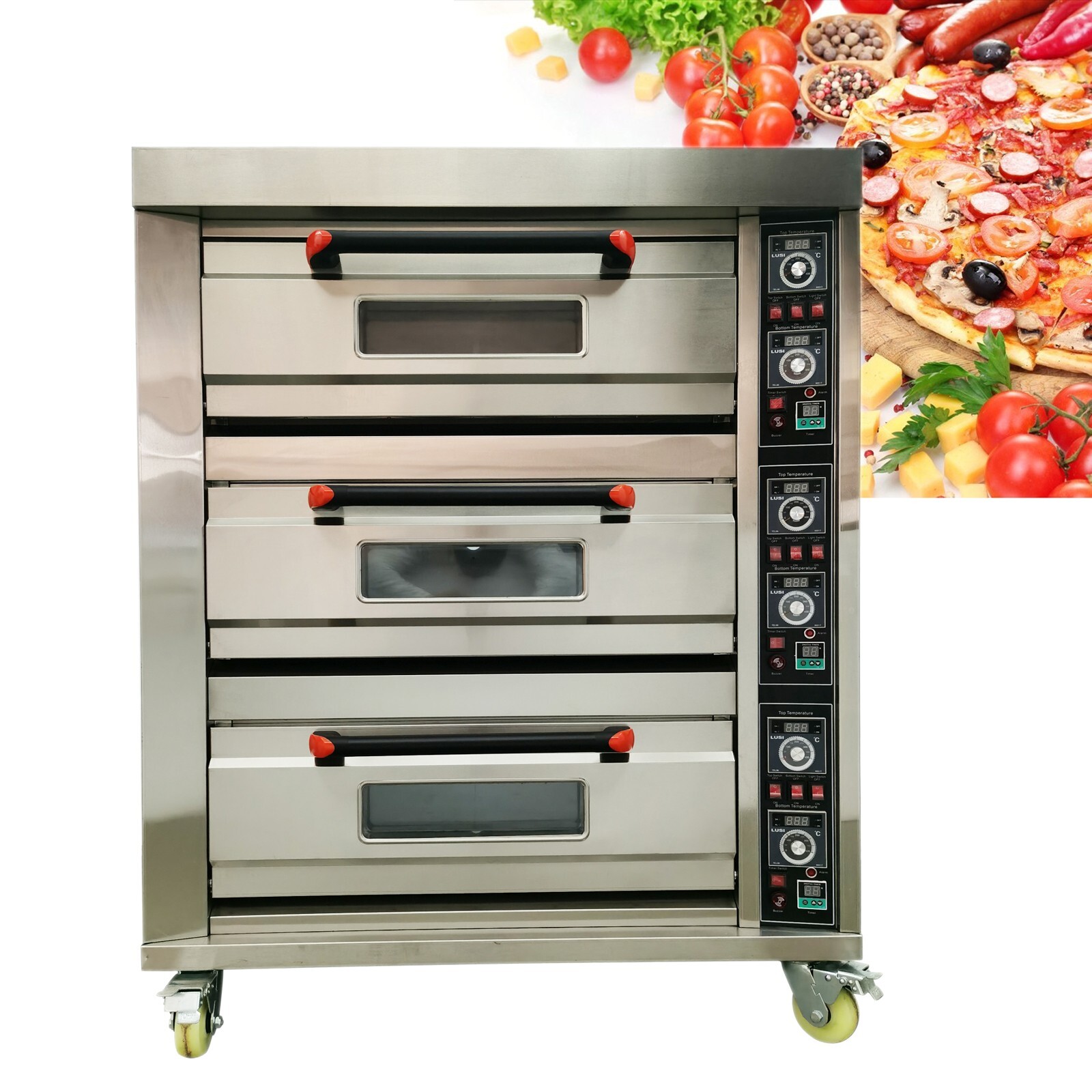 220V 3PH 27HP 3-deck Commercial Pizza Maker with Universal Wheels 20℃-400℃