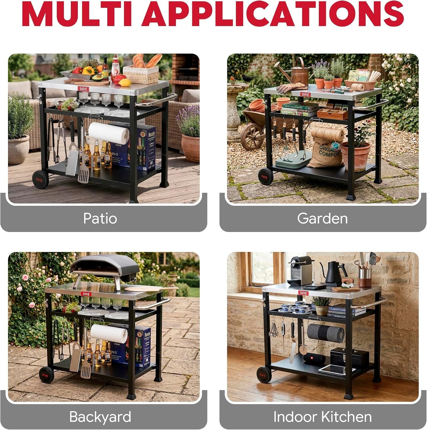 3-Shelf Outdoor Grill Cart & Pizza Oven Table – Elegant Black Steel Prep Station