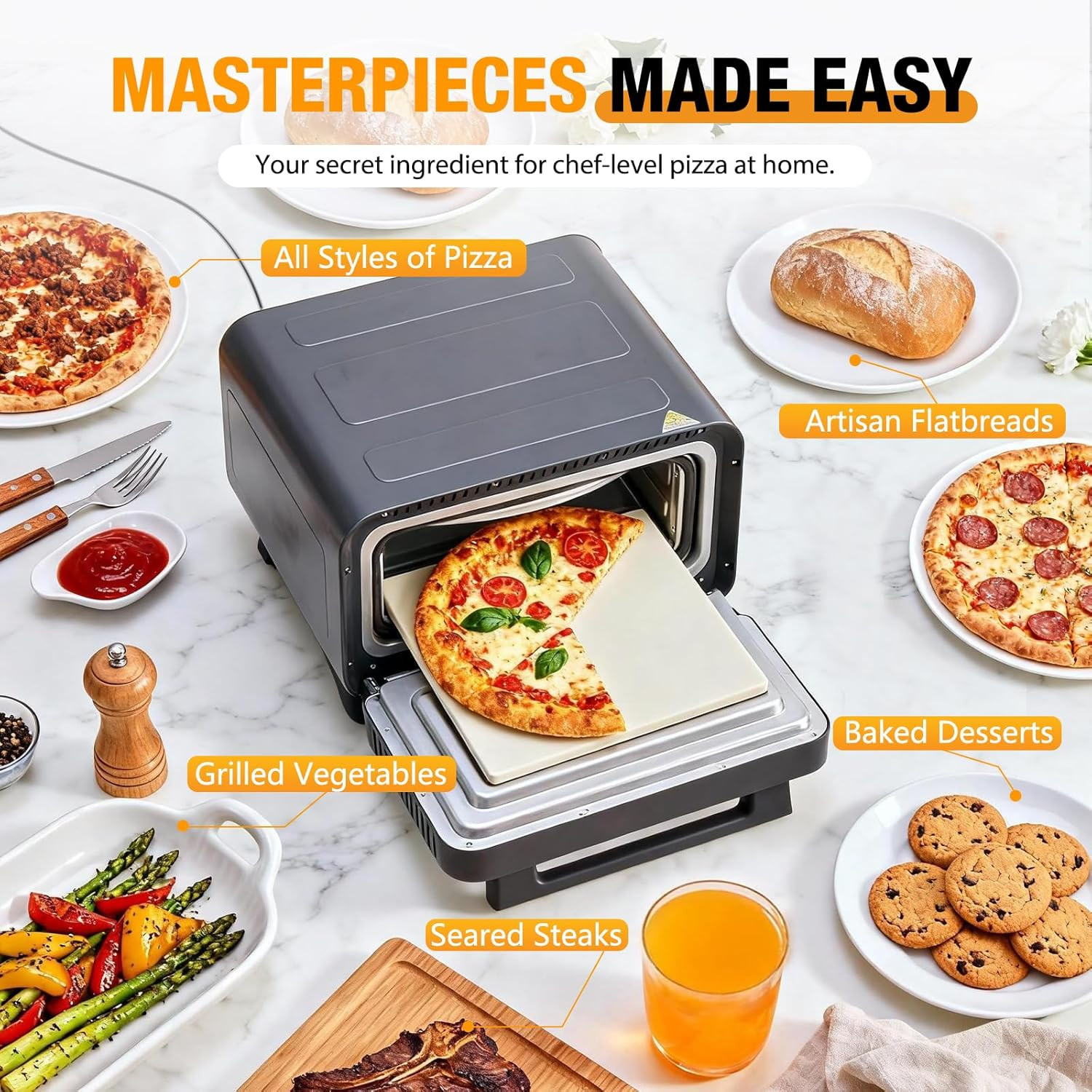 Electric Pizza Oven with Digital Display 1600W, 6 Preset Functions, 750°F High H