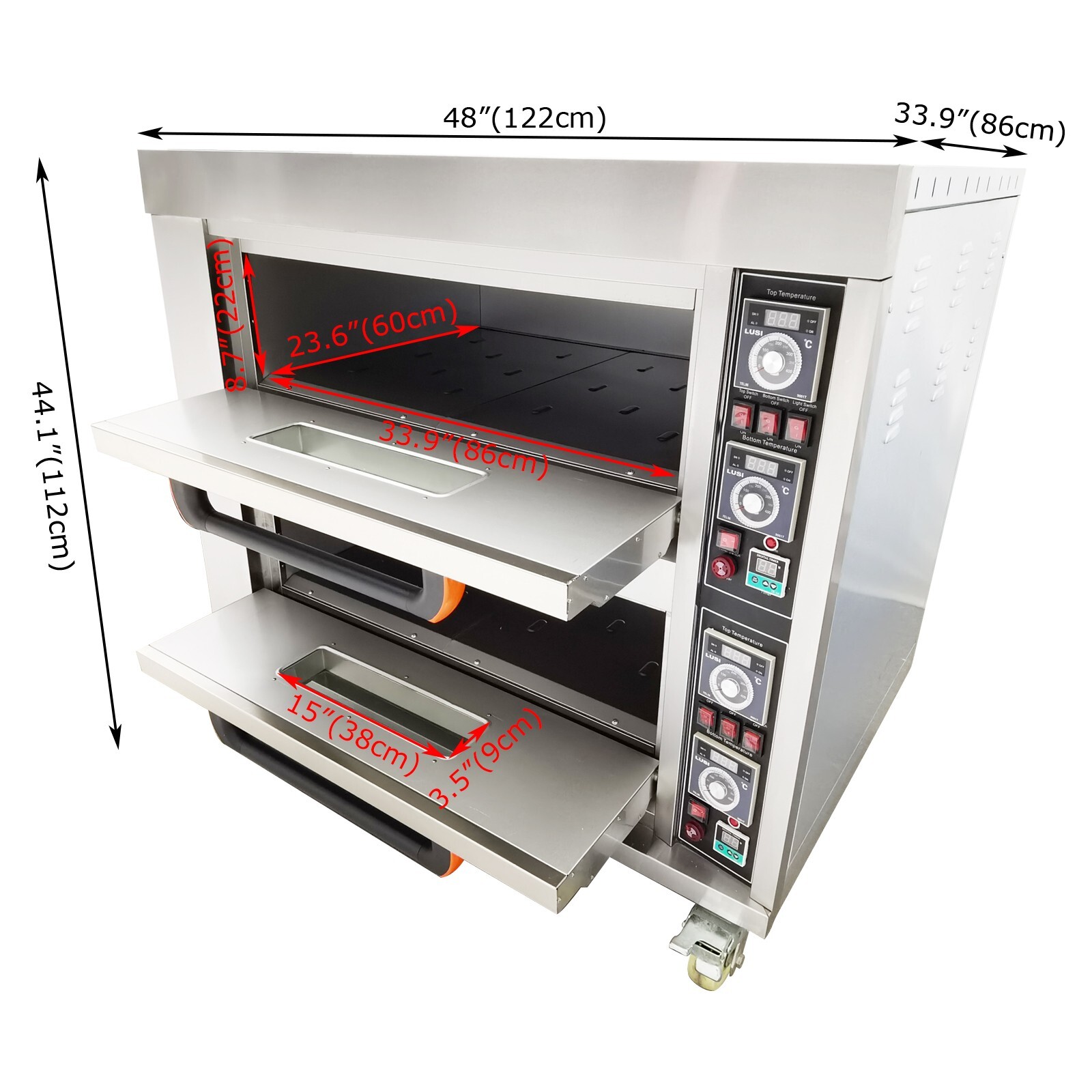 220V 3PH 13.2KW Commercial Movable Electric Double Pizza Oven 4 Baking Sheets