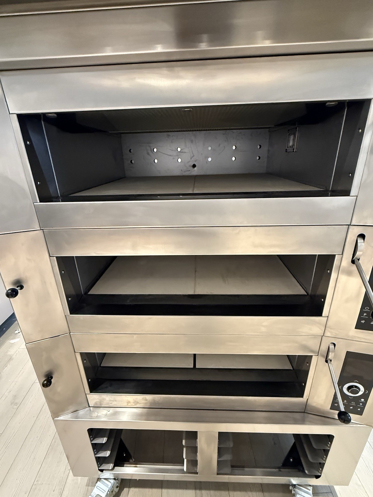 European 3-Deck Commercial Bakery Stone Oven, Single Phase, + Cart & Exhaust