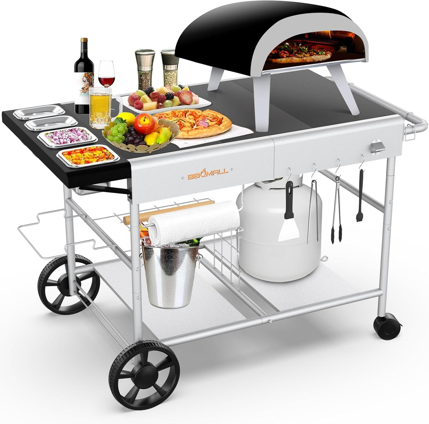 Pizza Oven Table Grill Cart with Pizza Topping Station Movable Food and Prep Wor