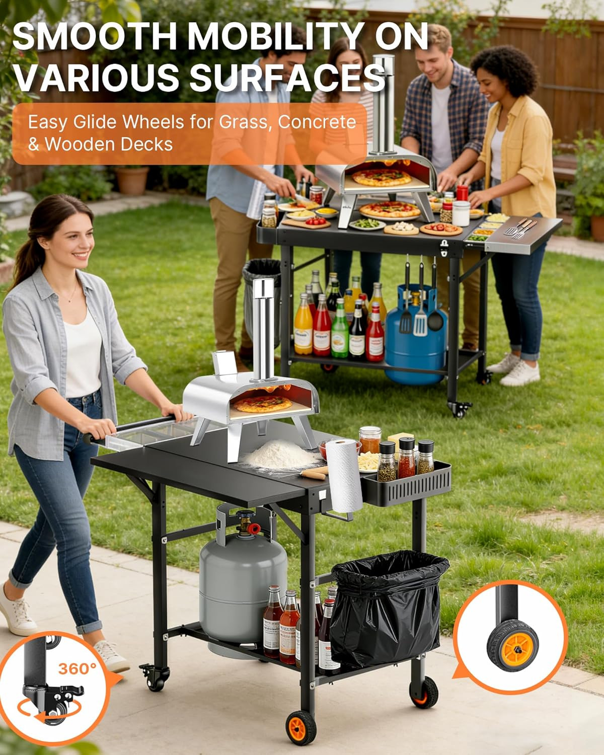 Outdoor Pizza Oven Table with Topping Station, Portable Pizza Oven Cart with BBQ
