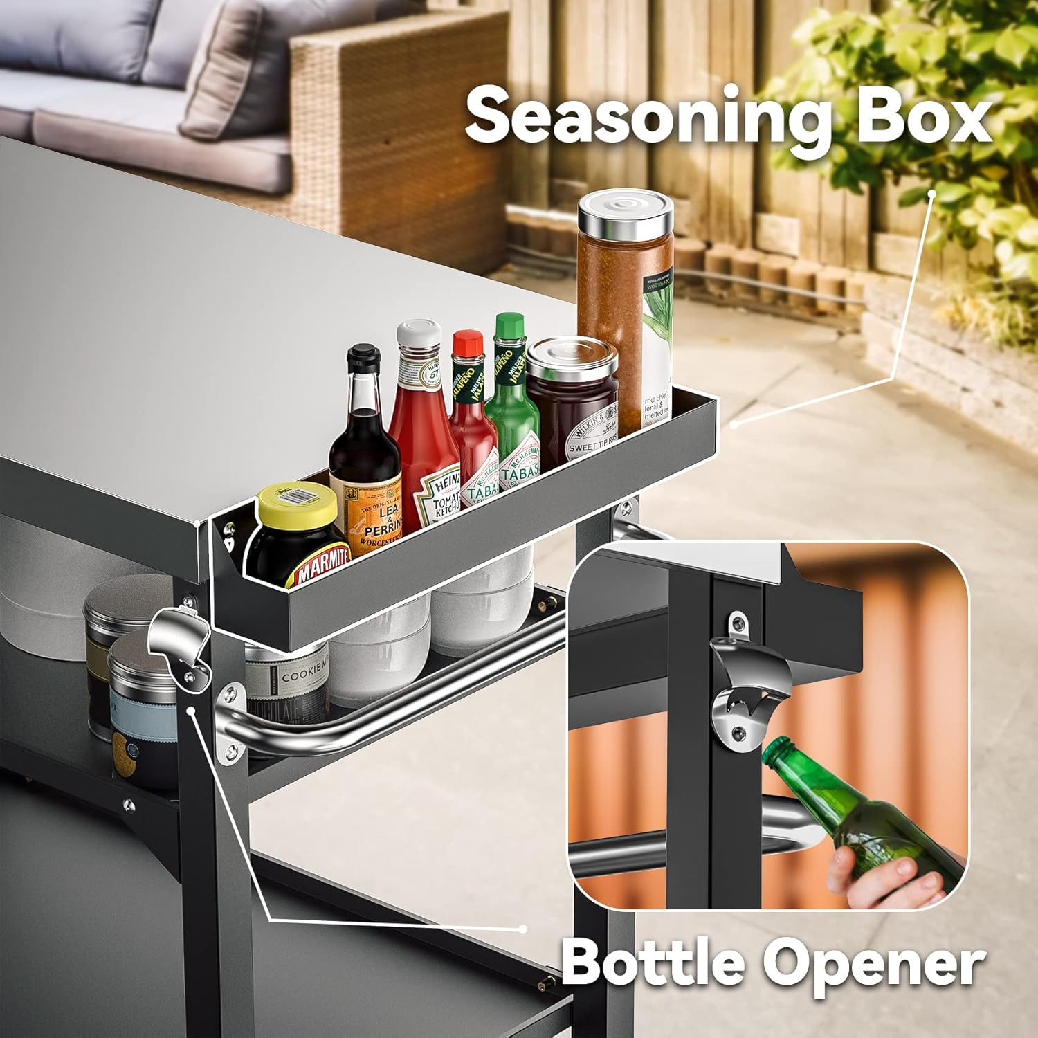 Heavy Duty Pizza Oven Table & BBQ Prep Cart, Stainless Steel Rolling Grill Cart