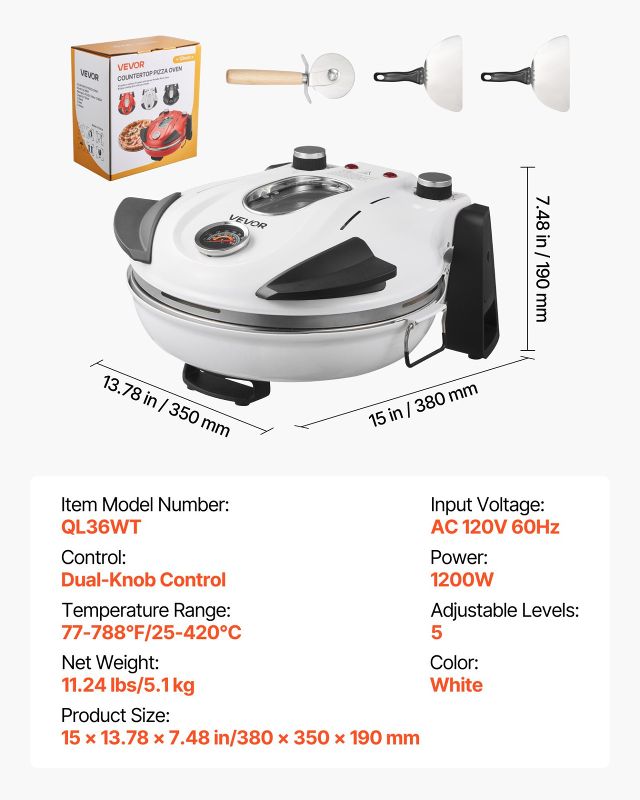 12″ Electric Pizza Oven 1200W Maker w/Stone 5-Mode Temp Control Home White