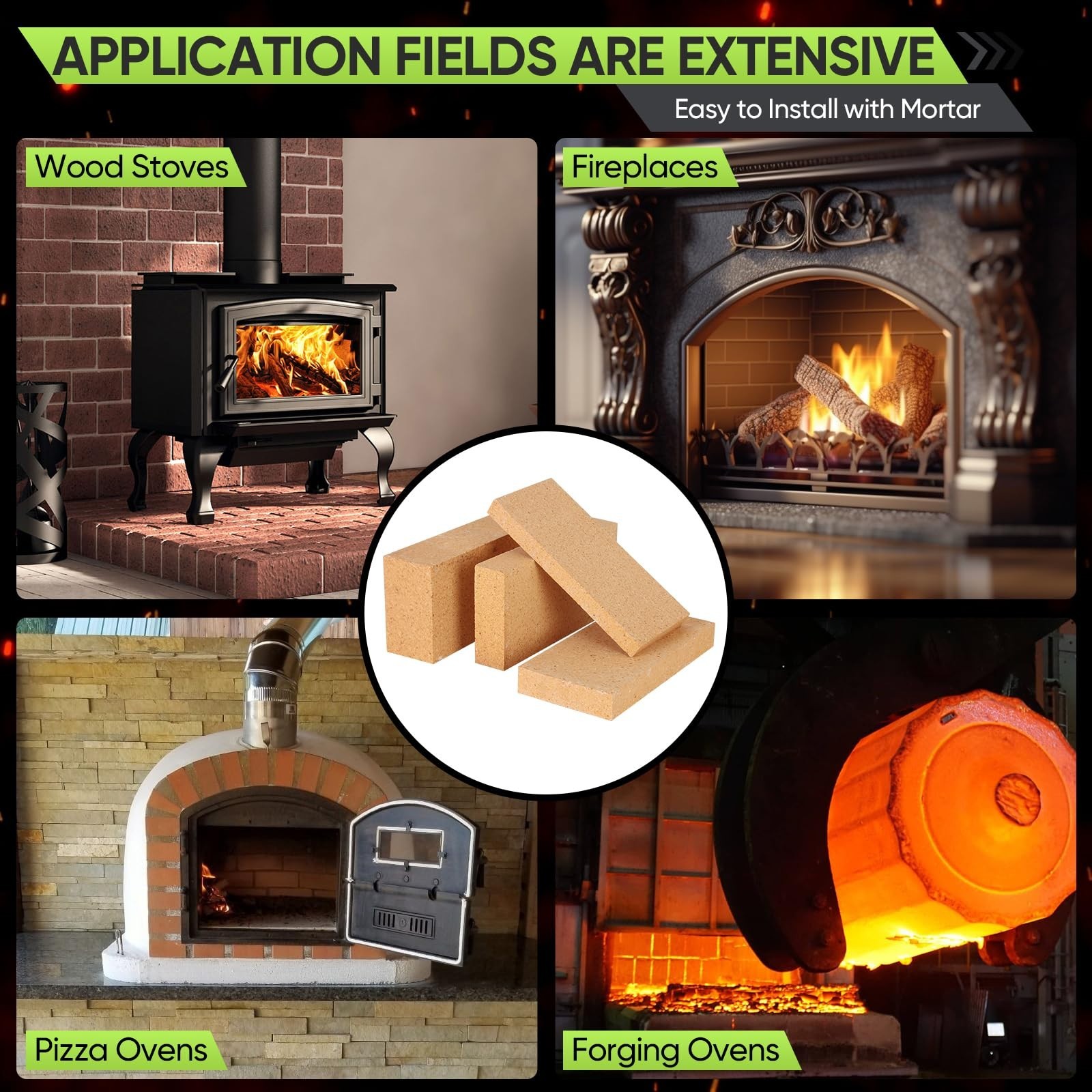 12 Pack High Temp Firebricks 3000°F Insulating 9″x4.5″x0.8″ for Pizza Oven, Wood