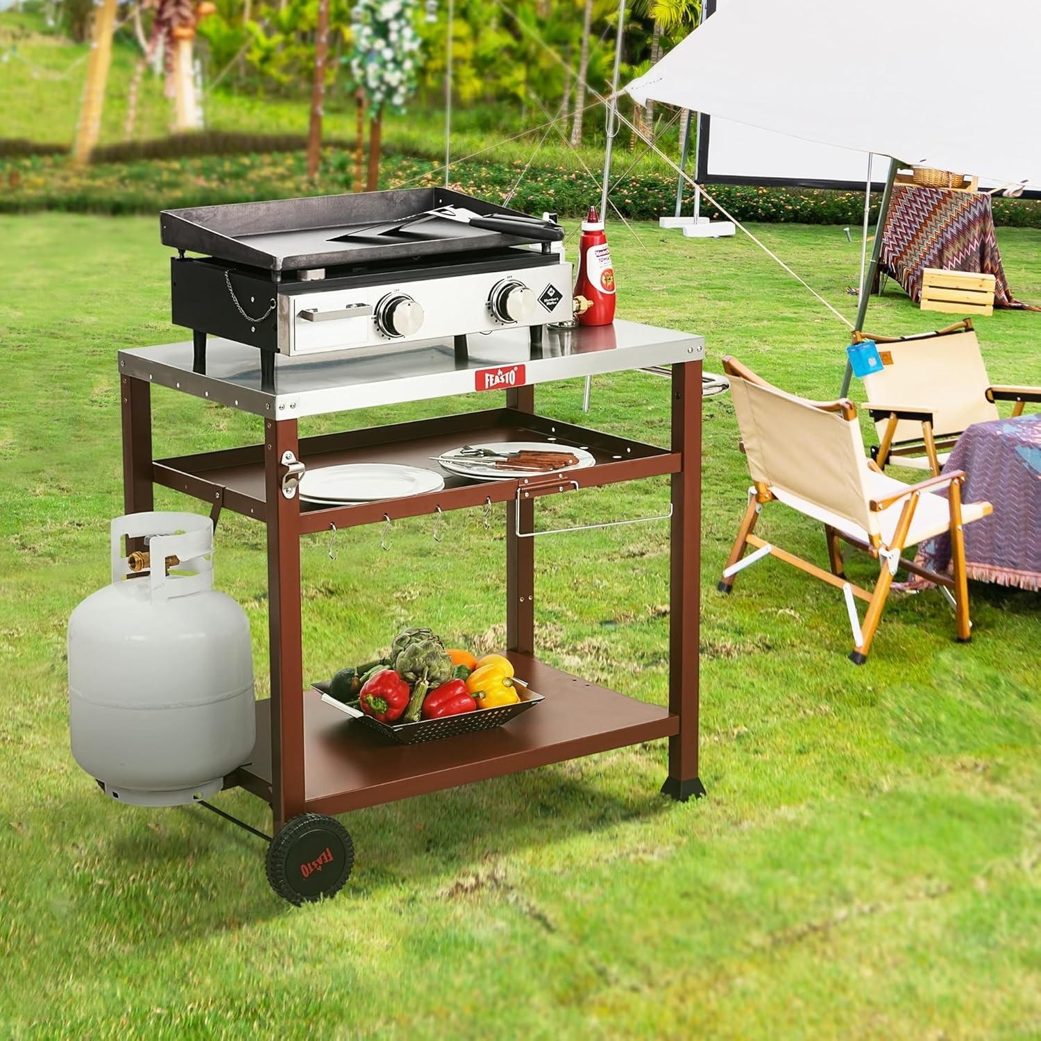 Multifunctional Grill Cart with 33.5″ Stainless Surface & Large Storage Capacity