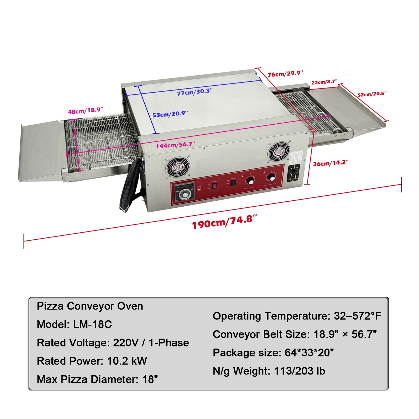 220V 13.7HP Commercial Baking Electric Countertop Conveyor 18” Pizza Oven